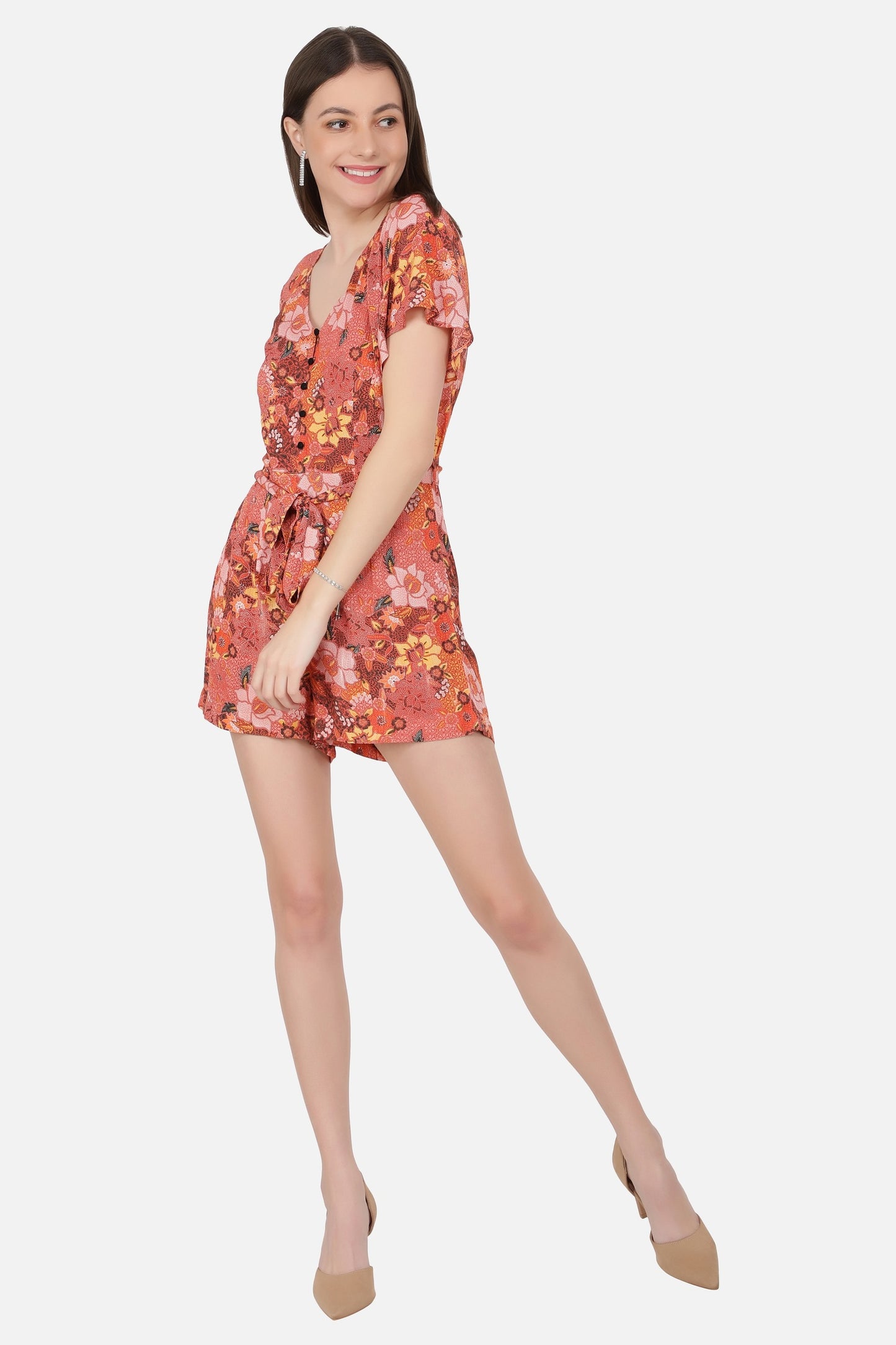 NUEVOSDAMAS Women's Summer V Neck Jumpsuits Casual half Sleeves Romper Button Up Front Tie Knot Floral Printed Short Jumpsuit Rompers Playsuits