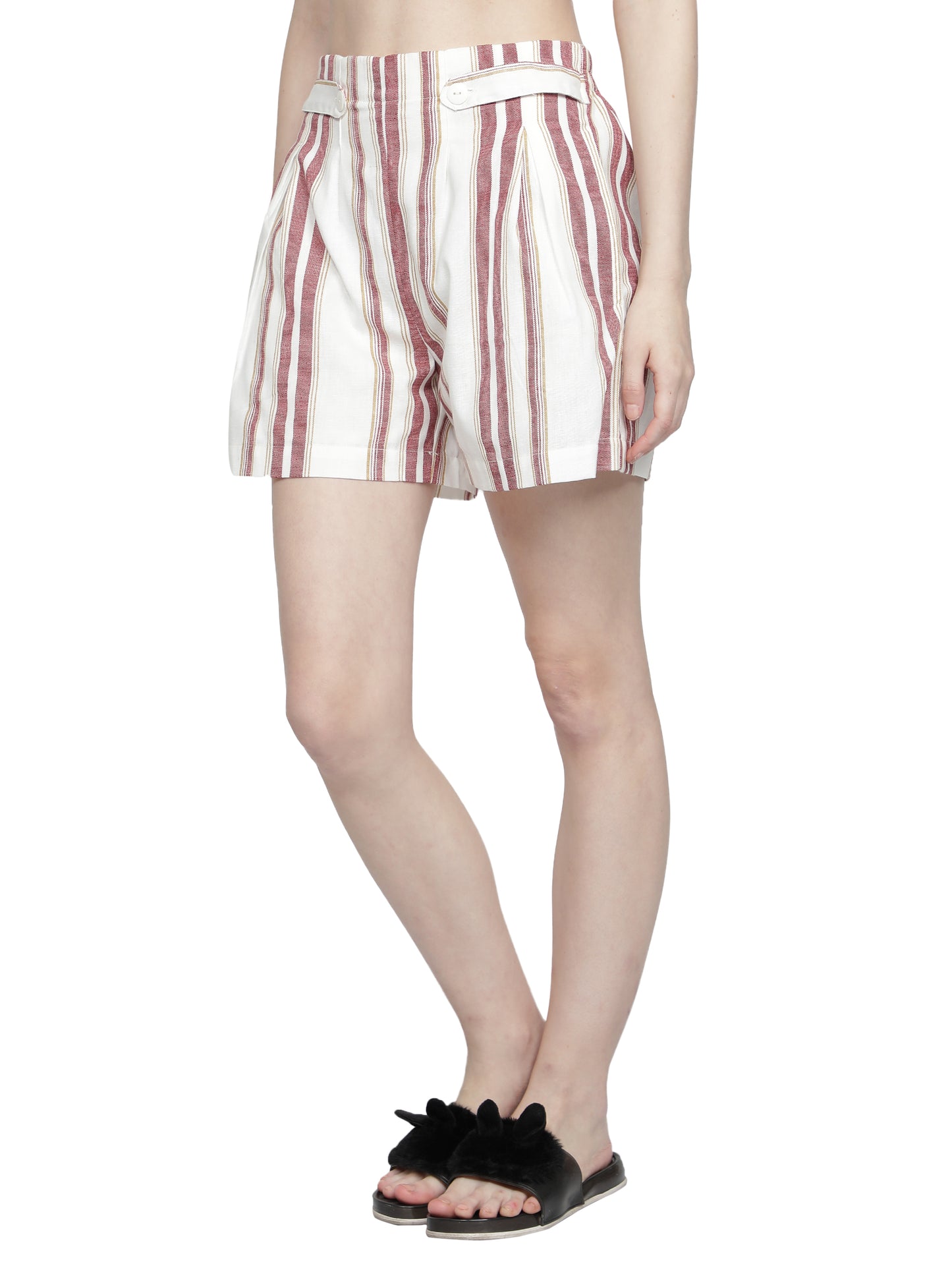 Striped Women Red, White Basic Shorts
