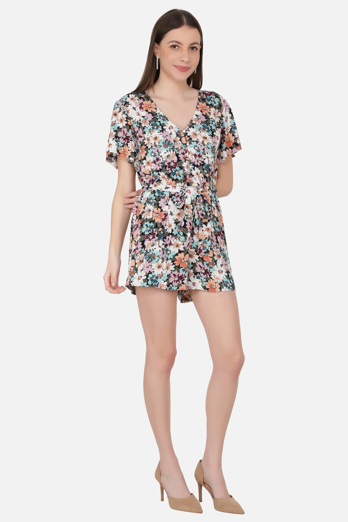 NUEVOSDAMAS Women's Summer V Neck Jumpsuits Casual half Sleeves Romper Button Up Front Tie Knot Floral Printed Short Jumpsuit Rompers Playsuits