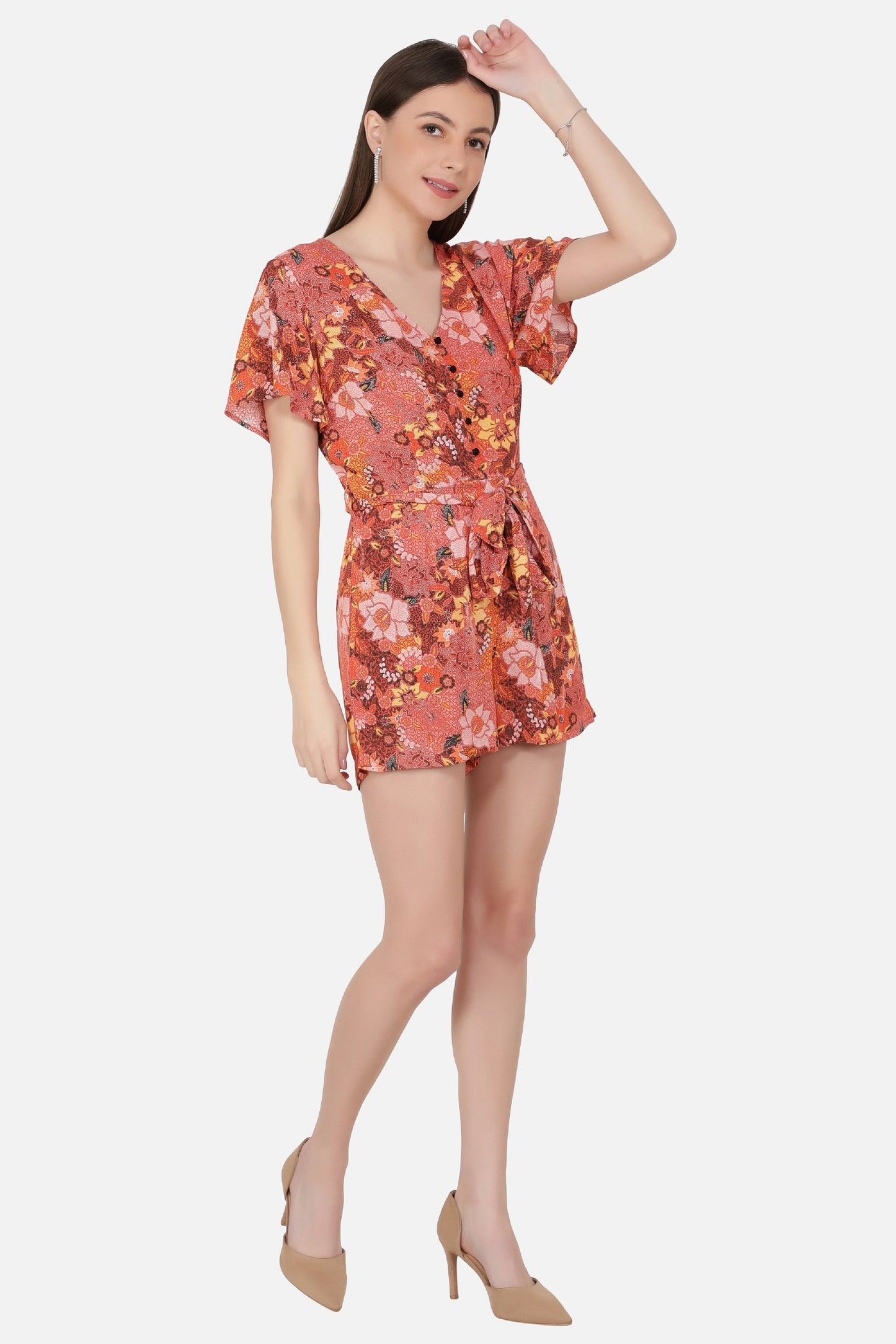 NUEVOSDAMAS Women's Summer V Neck Jumpsuits Casual half Sleeves Romper Button Up Front Tie Knot Floral Printed Short Jumpsuit Rompers Playsuits