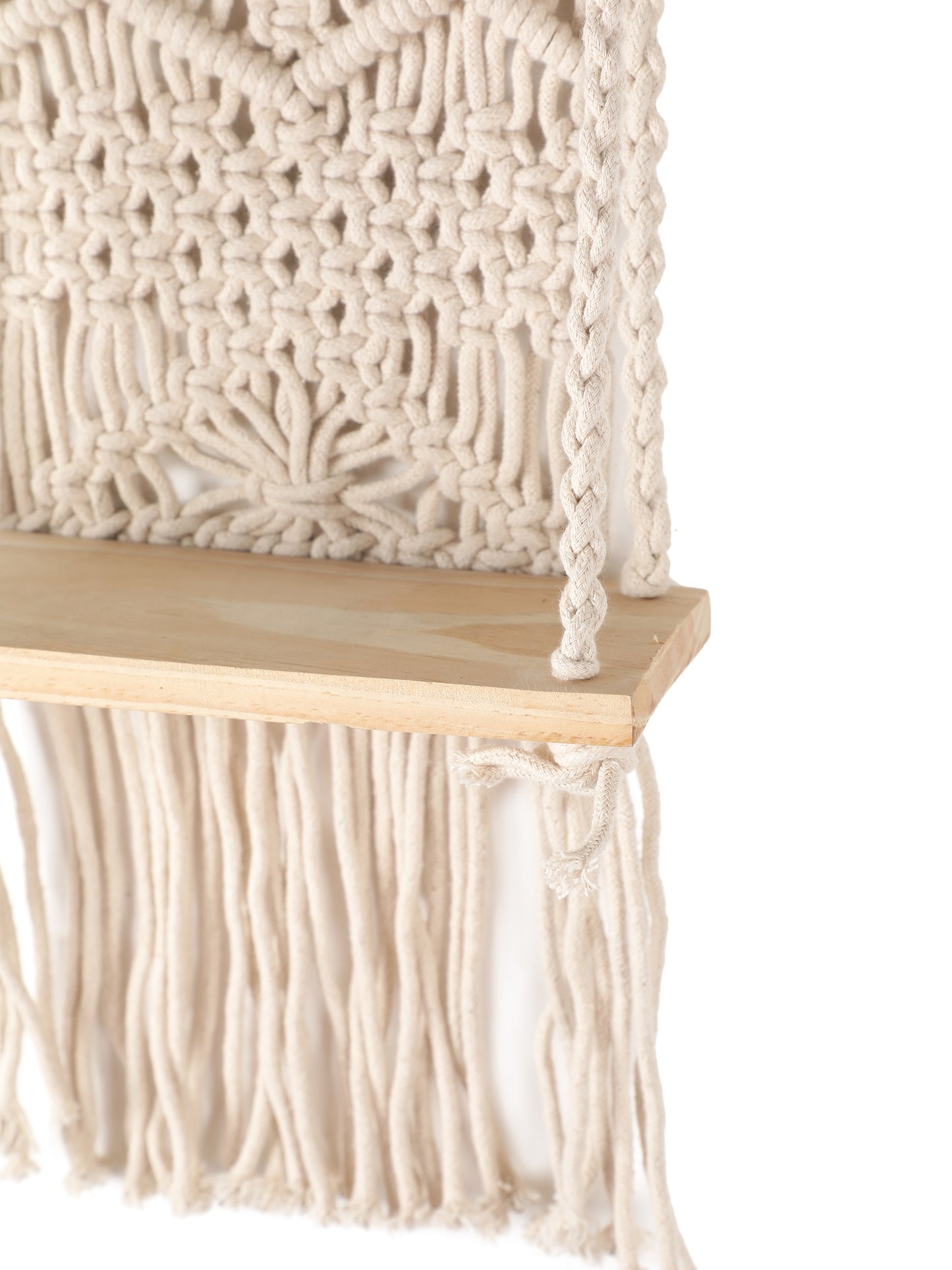 NUEVOSGHAR Macrame Wall Hanging Shelf | Bohemian Hanging Plant Shelves | Handmade Macrame Wall Hanging Decor | Wooden Wall Hanging Shelf_ Ivory