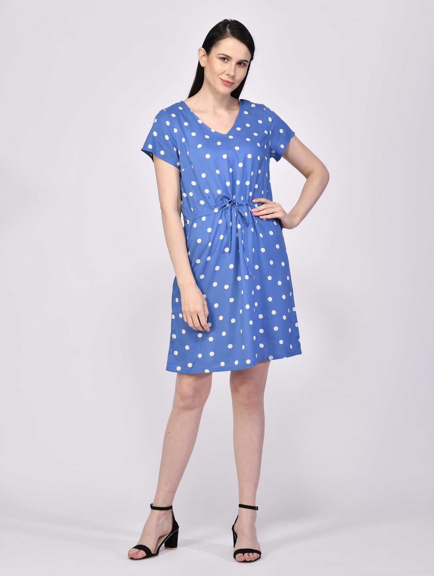 NUEVOSDAMAS Women Rayon Polka Dot Printed Midi Dress