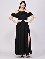 NUEVOSDAMAS Georgette Solid Designer Black Dress For Women