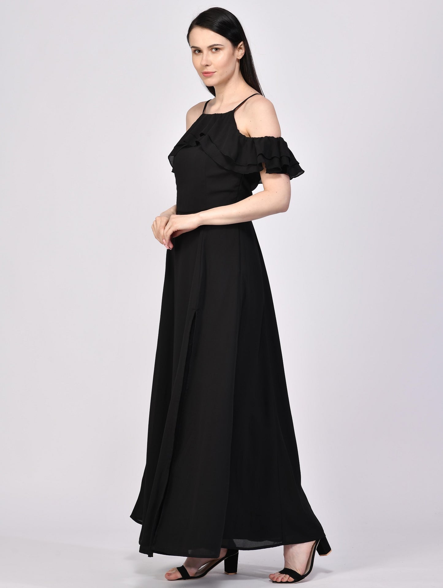 NUEVOSDAMAS Georgette Solid Designer Black Dress For Women