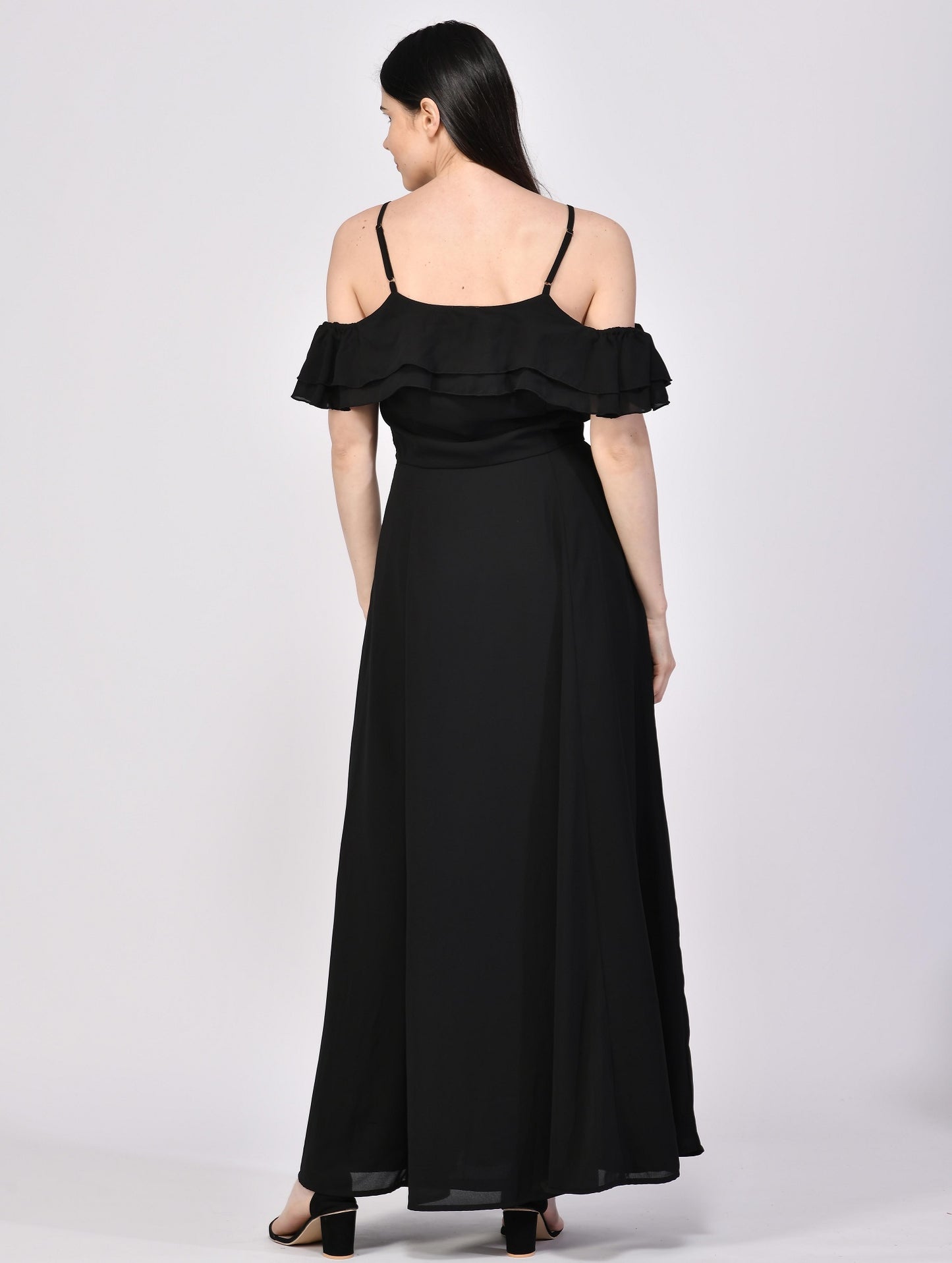 NUEVOSDAMAS Georgette Solid Designer Black Dress For Women