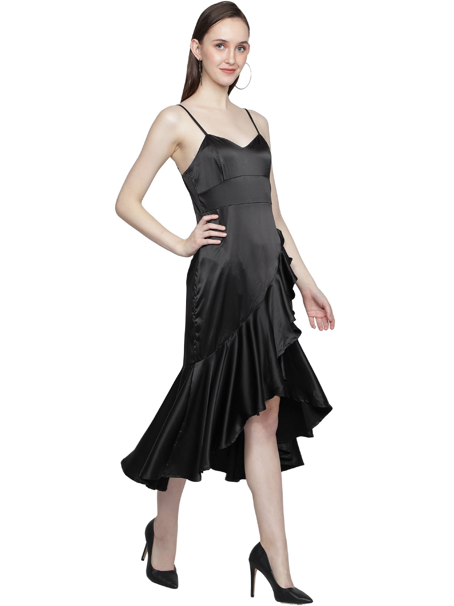 NUEVOSDAMAS Women Satin Lycra Solid Designer Western Wrap Frill Midi Dress | Stylish Adjuster Stripe | Black