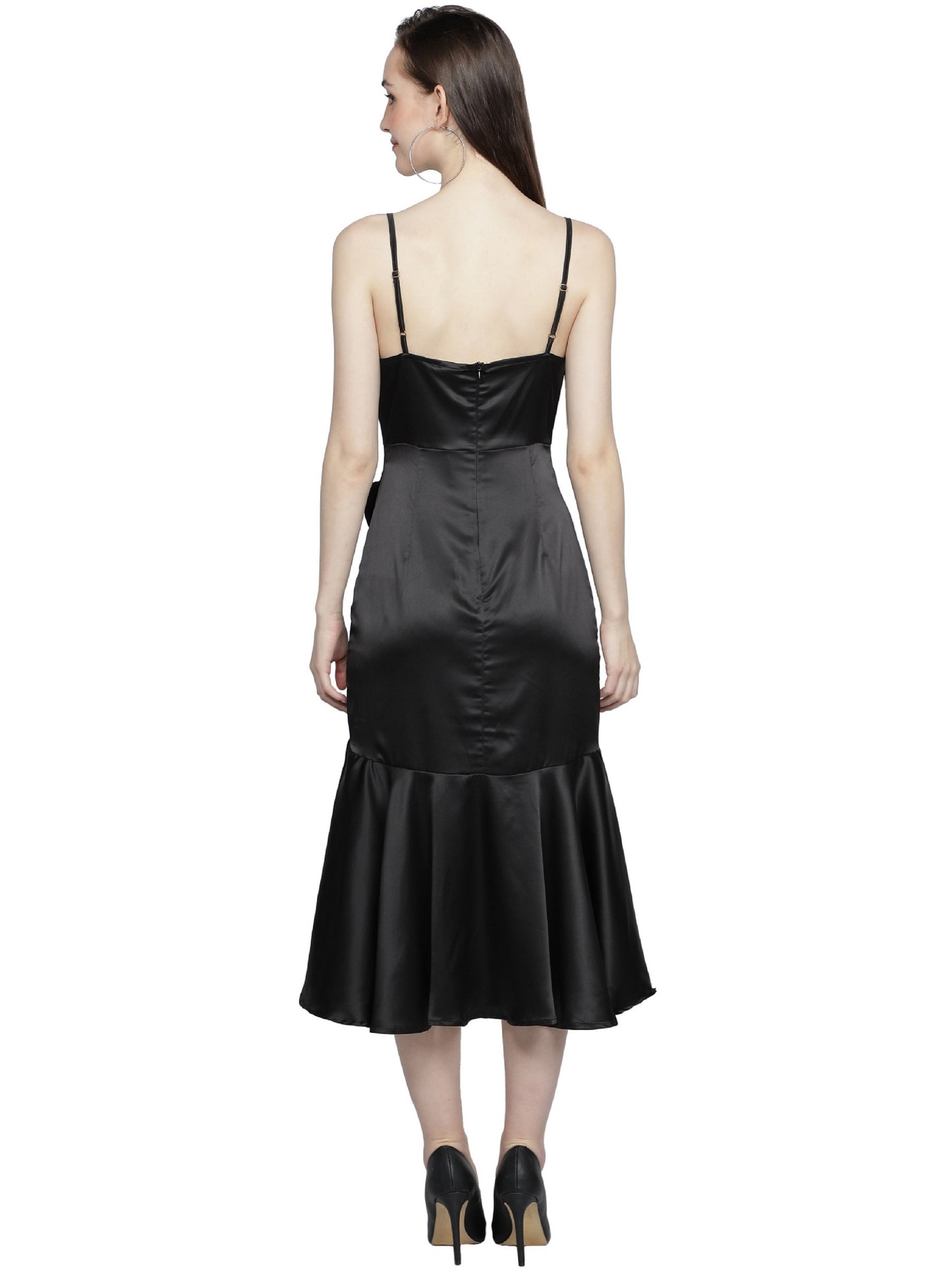 NUEVOSDAMAS Women Satin Lycra Solid Designer Western Wrap Frill Midi Dress | Stylish Adjuster Stripe | Black