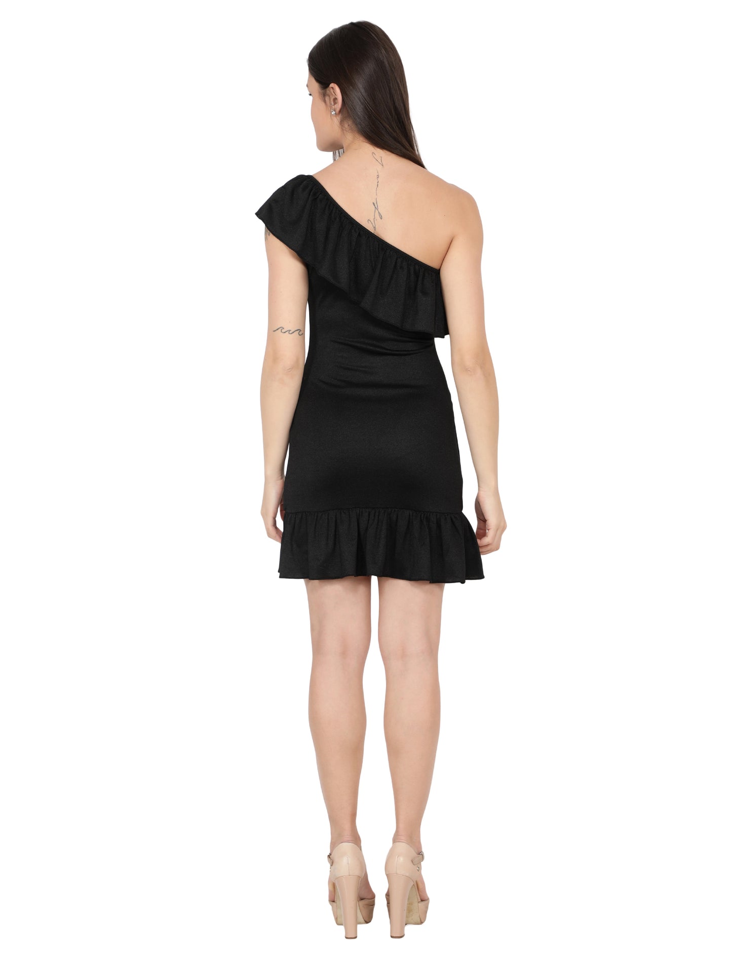 NUEVOSDAMAS Women's Solid One-Shoulder Fitted Dress Black