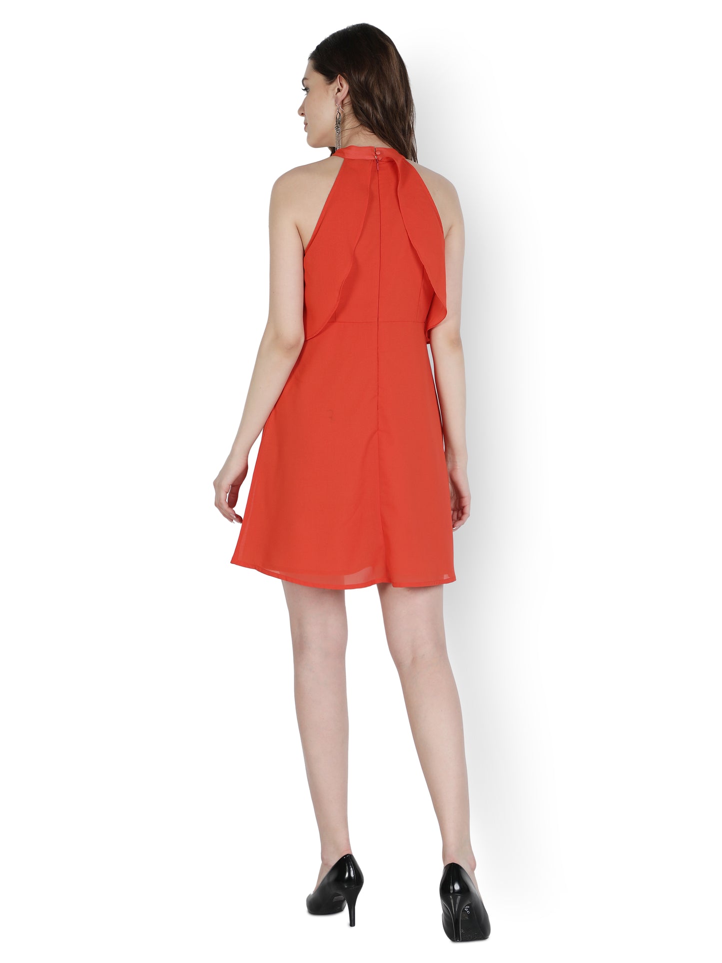 NUEVOSDAMAS Women Western Georgette Solid Orange A-line Frill Dress