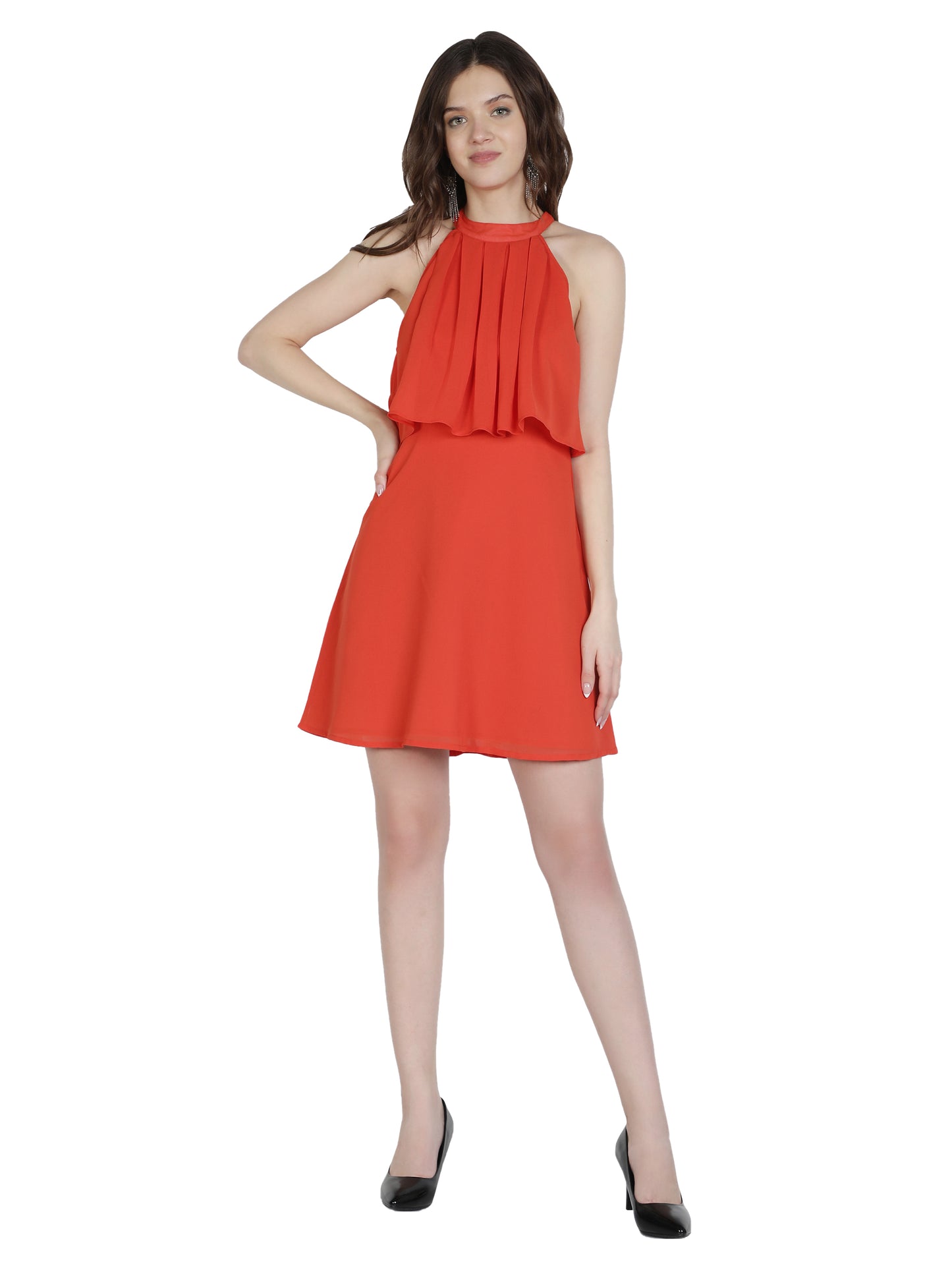 NUEVOSDAMAS Women Western Georgette Solid Orange A-line Frill Dress