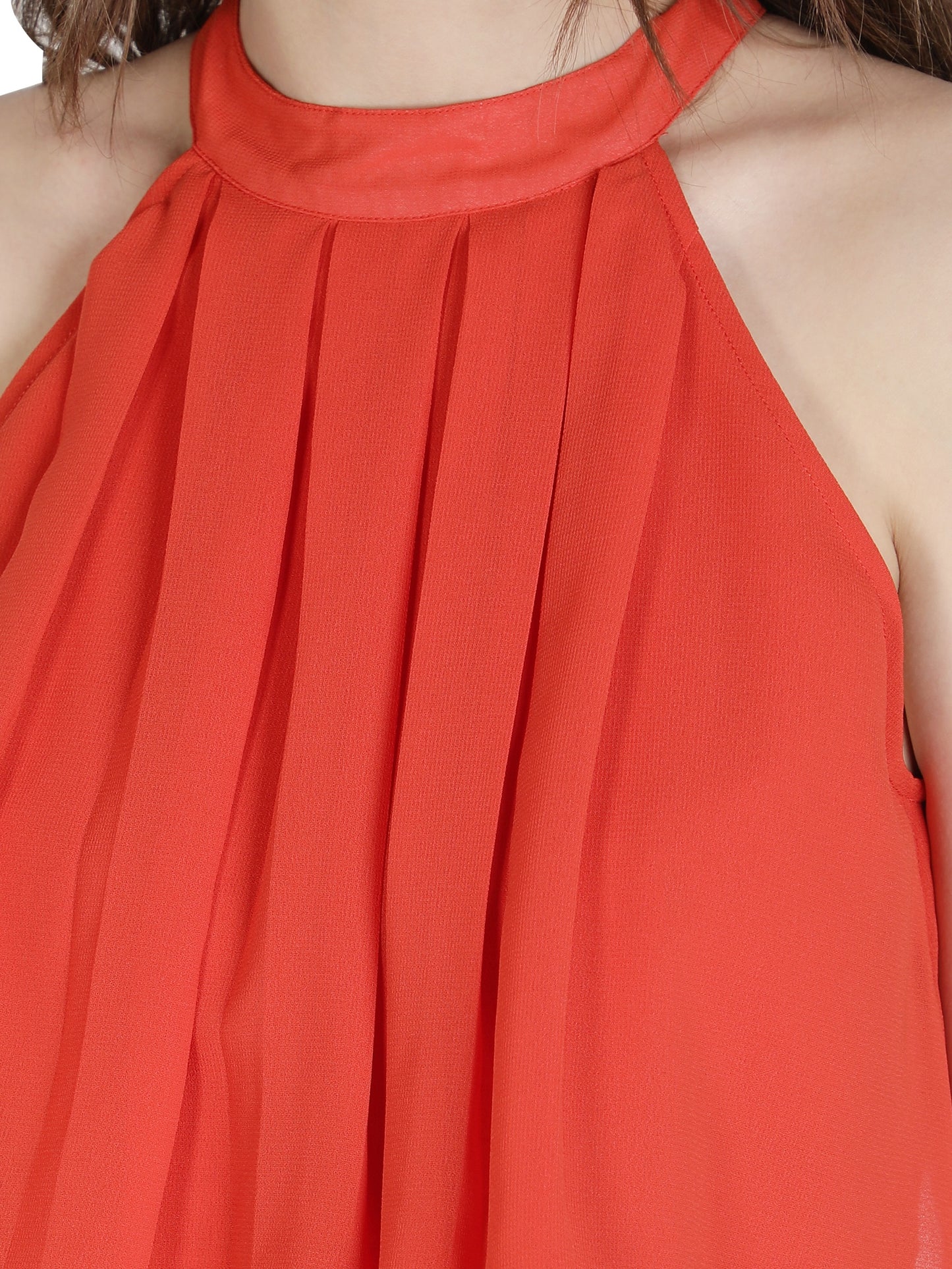 NUEVOSDAMAS Women Western Georgette Solid Orange A-line Frill Dress
