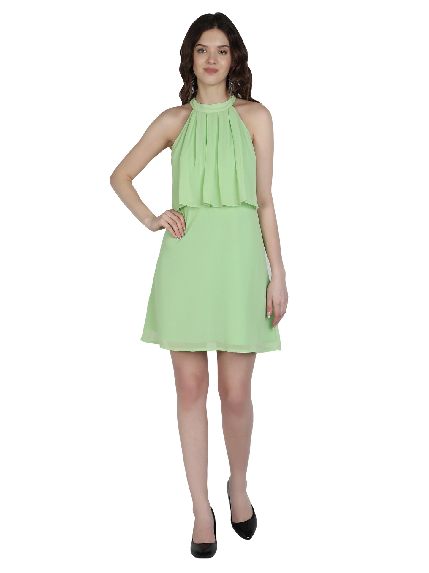 NUEVOSDAMAS Women Western Georgette Solid Lime A-line Frill Dress