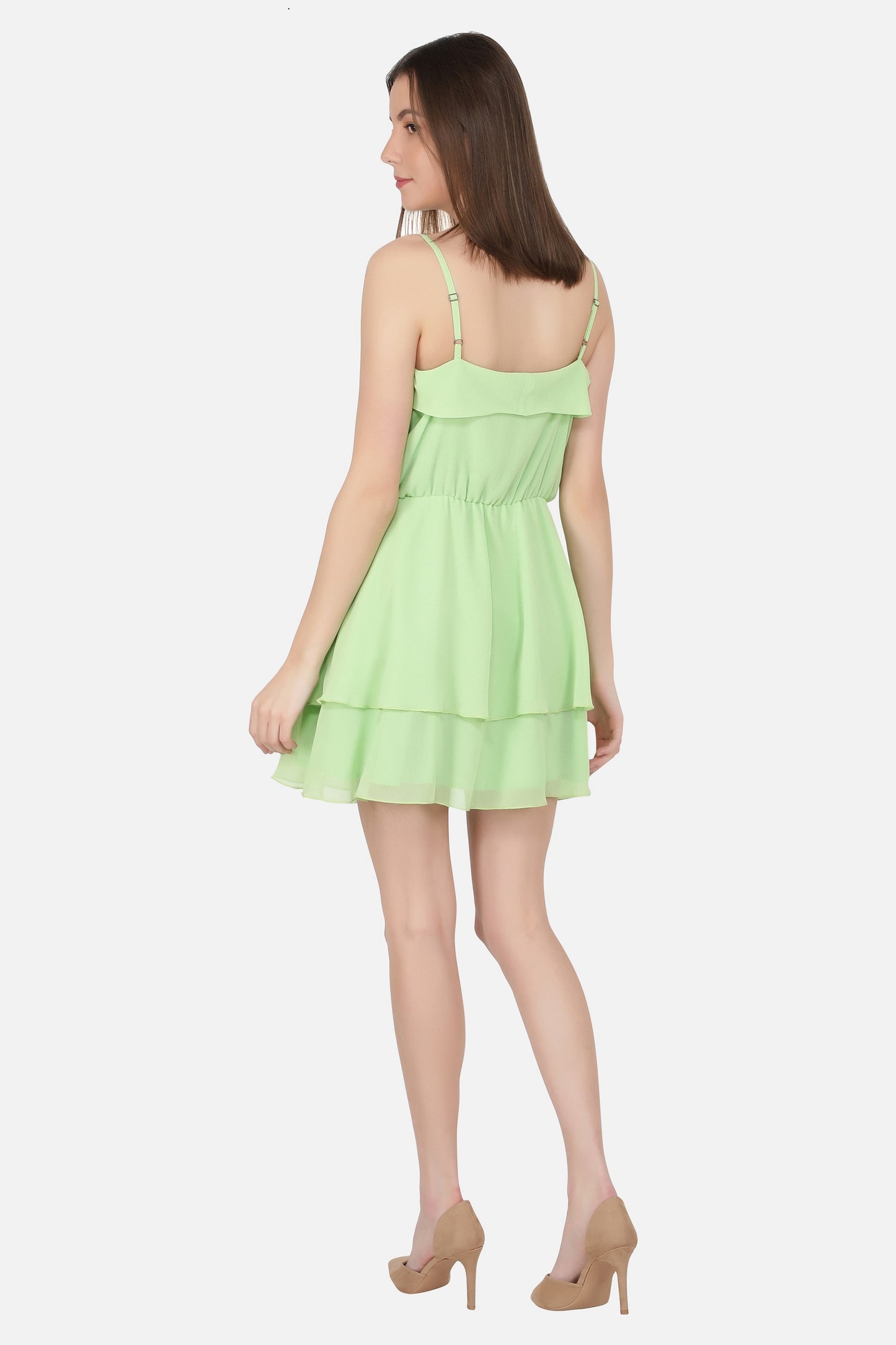 NUEVOSDAMAS Women western georgette solid fit & flare lime A-line frill dress