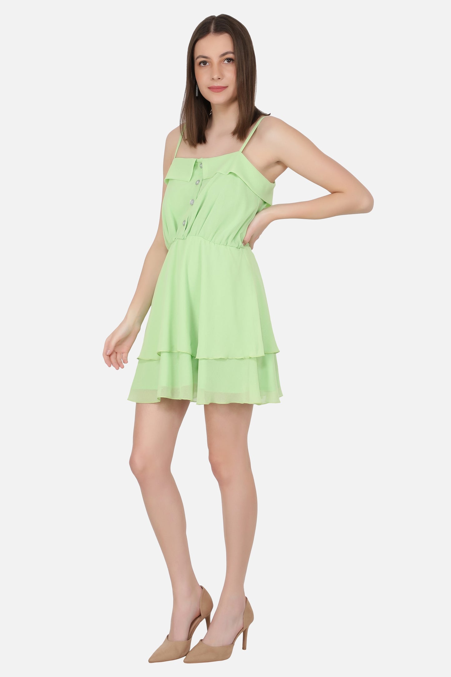 NUEVOSDAMAS Women western georgette solid fit & flare lime A-line frill dress