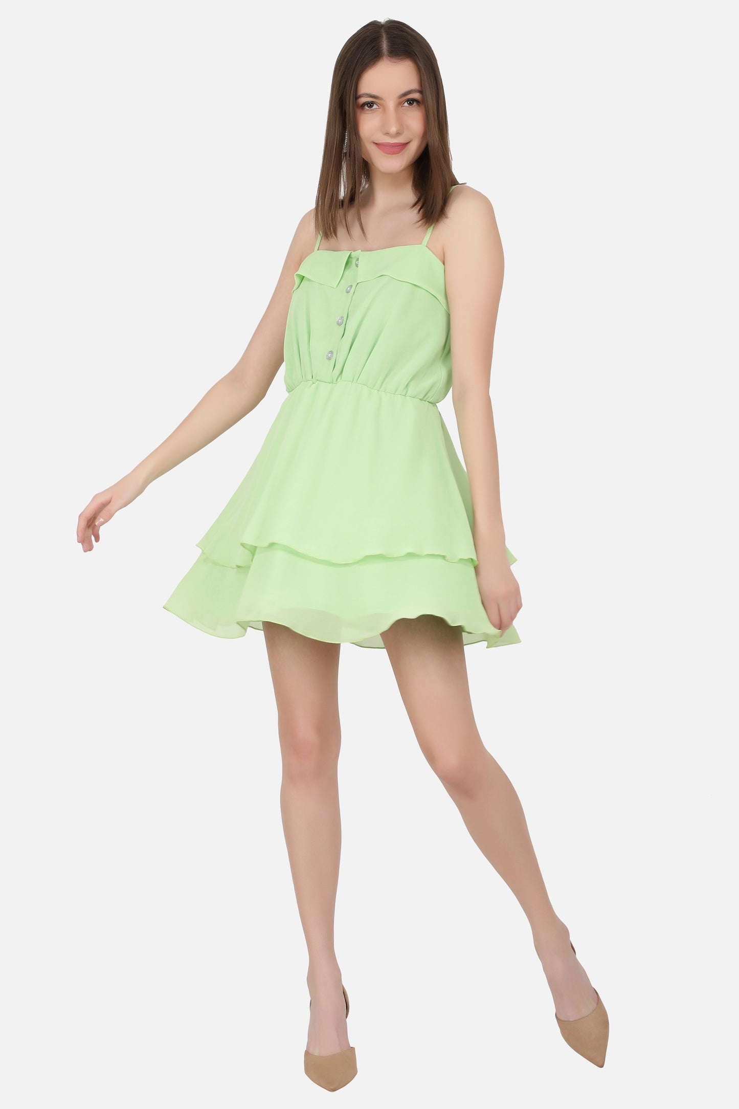 NUEVOSDAMAS Women western georgette solid fit & flare lime A-line frill dress