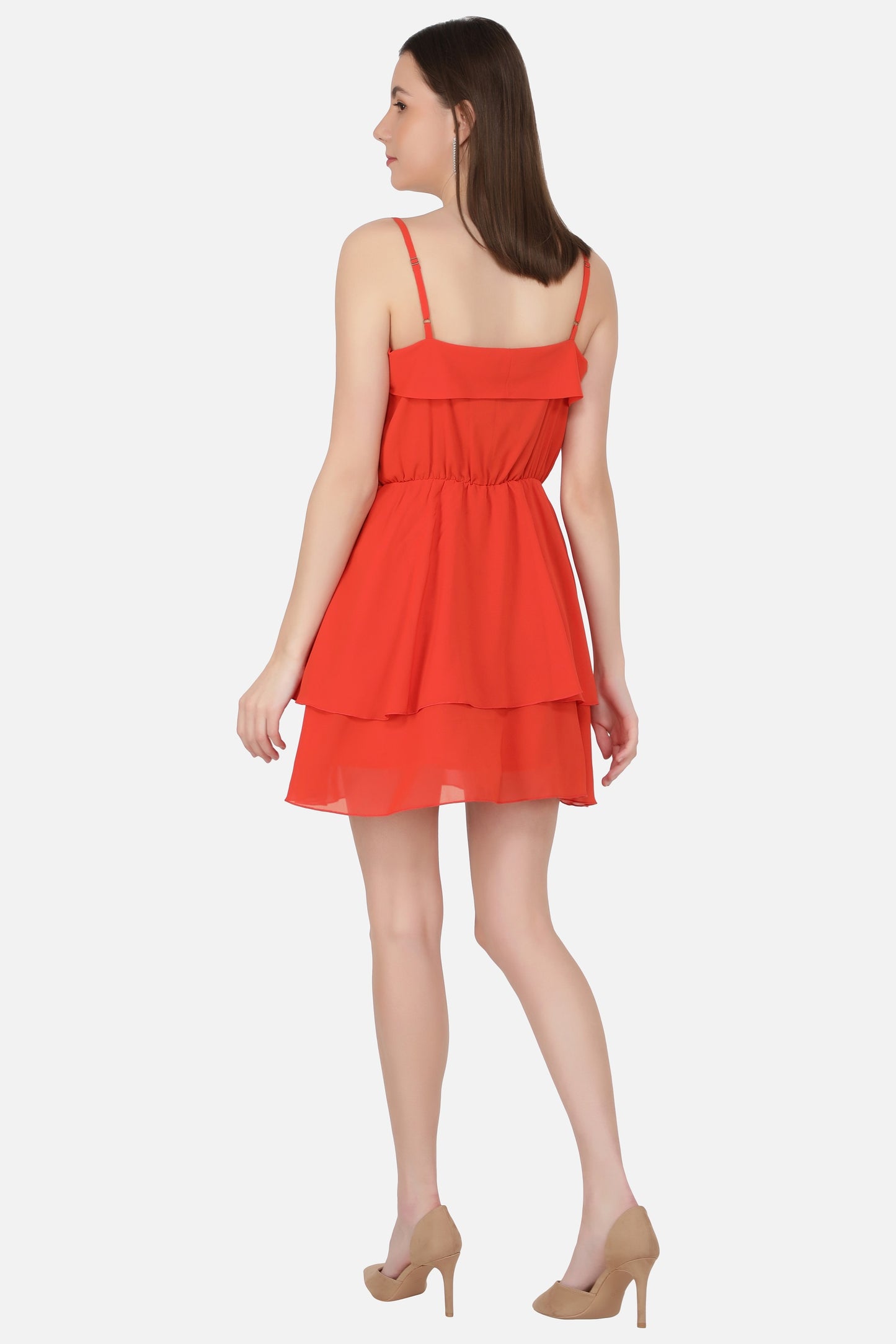 NUEVOSDAMAS Women western georgette solid fit & flare Orange A-line frill dress