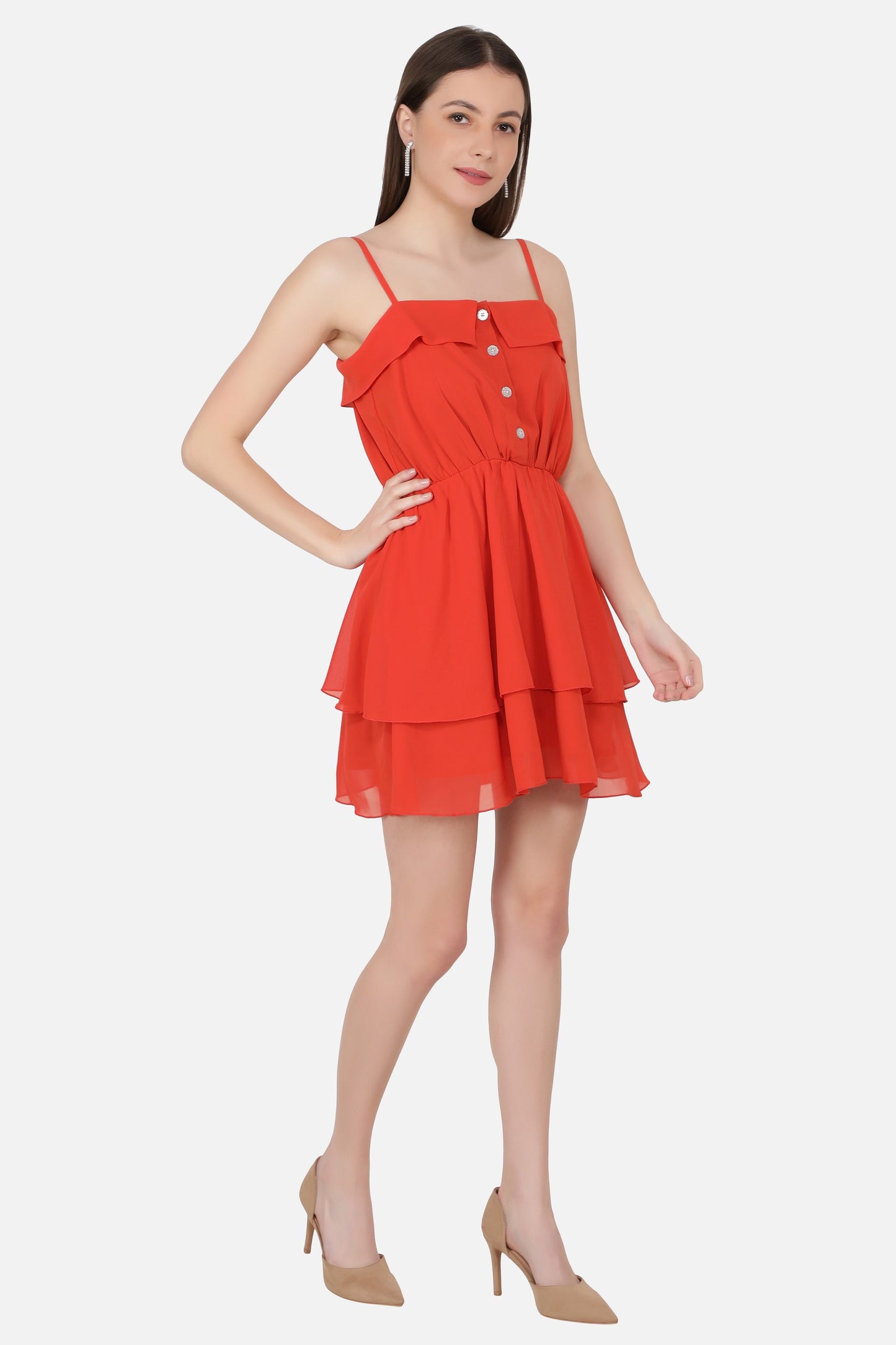 NUEVOSDAMAS Women western georgette solid fit & flare Orange A-line frill dress