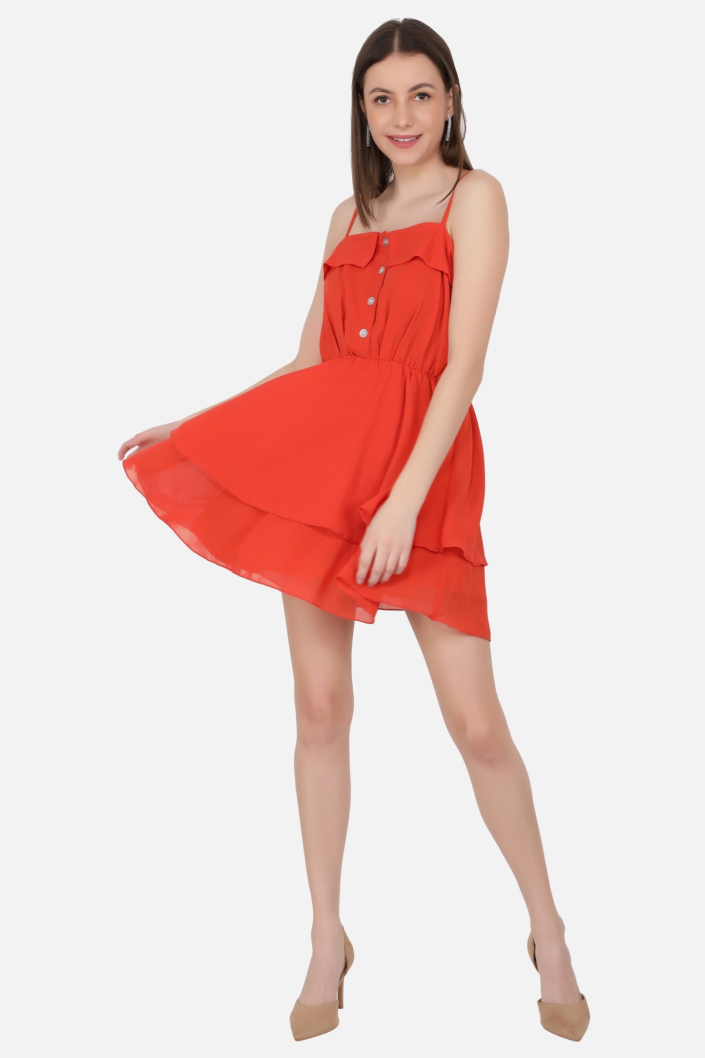 NUEVOSDAMAS Women western georgette solid fit & flare Orange A-line frill dress
