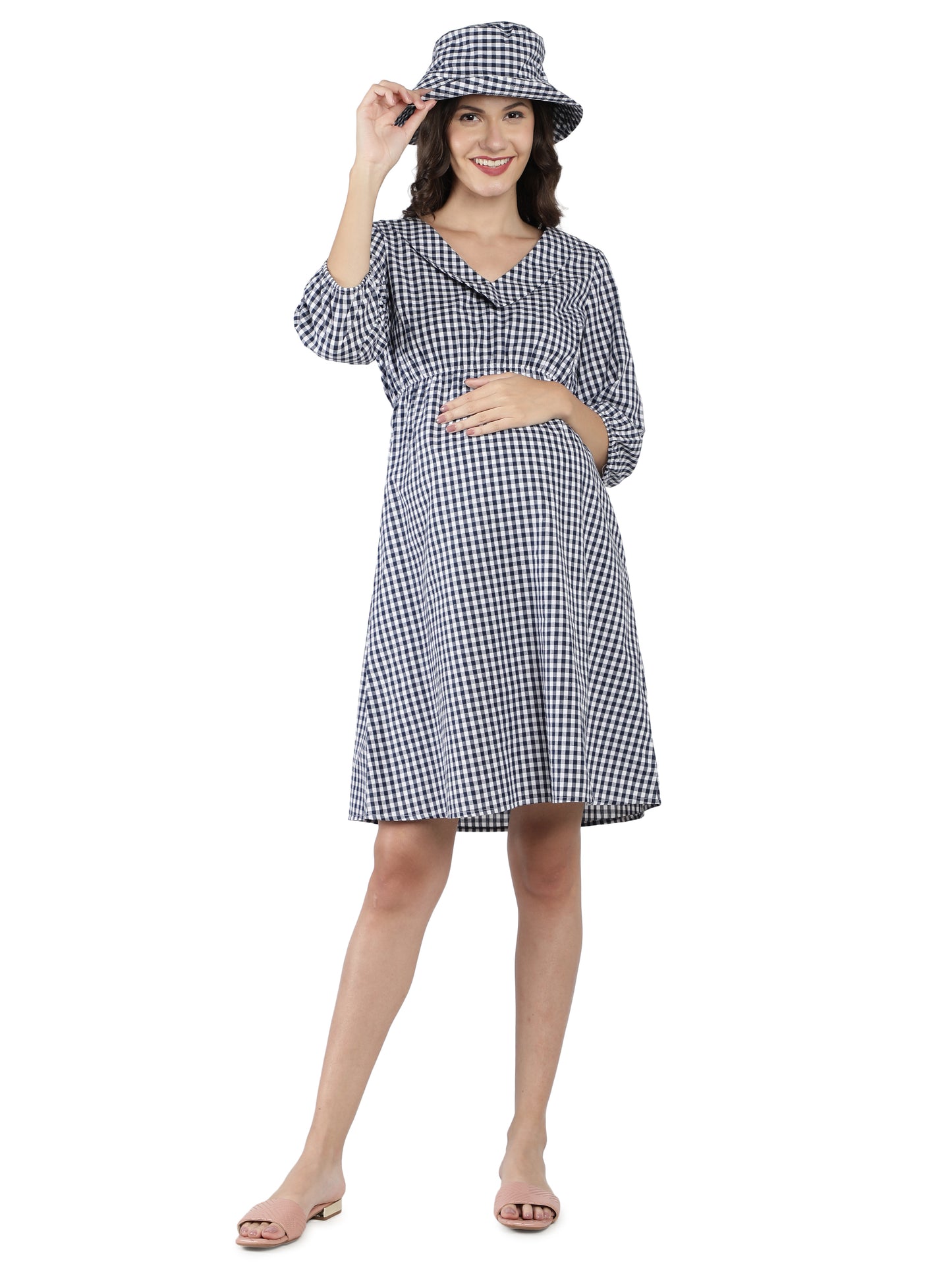 NUEVOSDAMAS Women Western Cotton Printed Dress | Latest Gingham Checks Printed Midi Dress