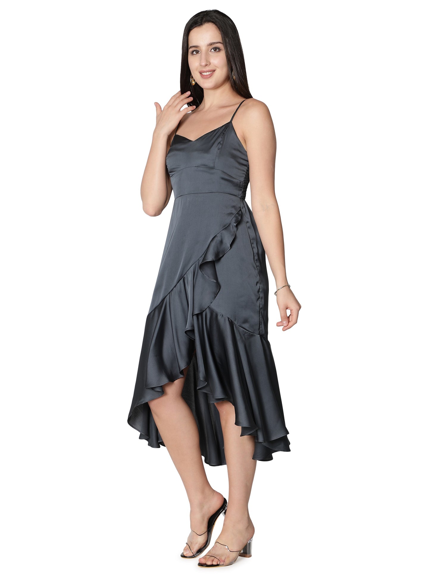 NUEVOSDAMAS Women Satin Lycra Solid Designer Dress | Latest Western Warp Frill Dress for Women