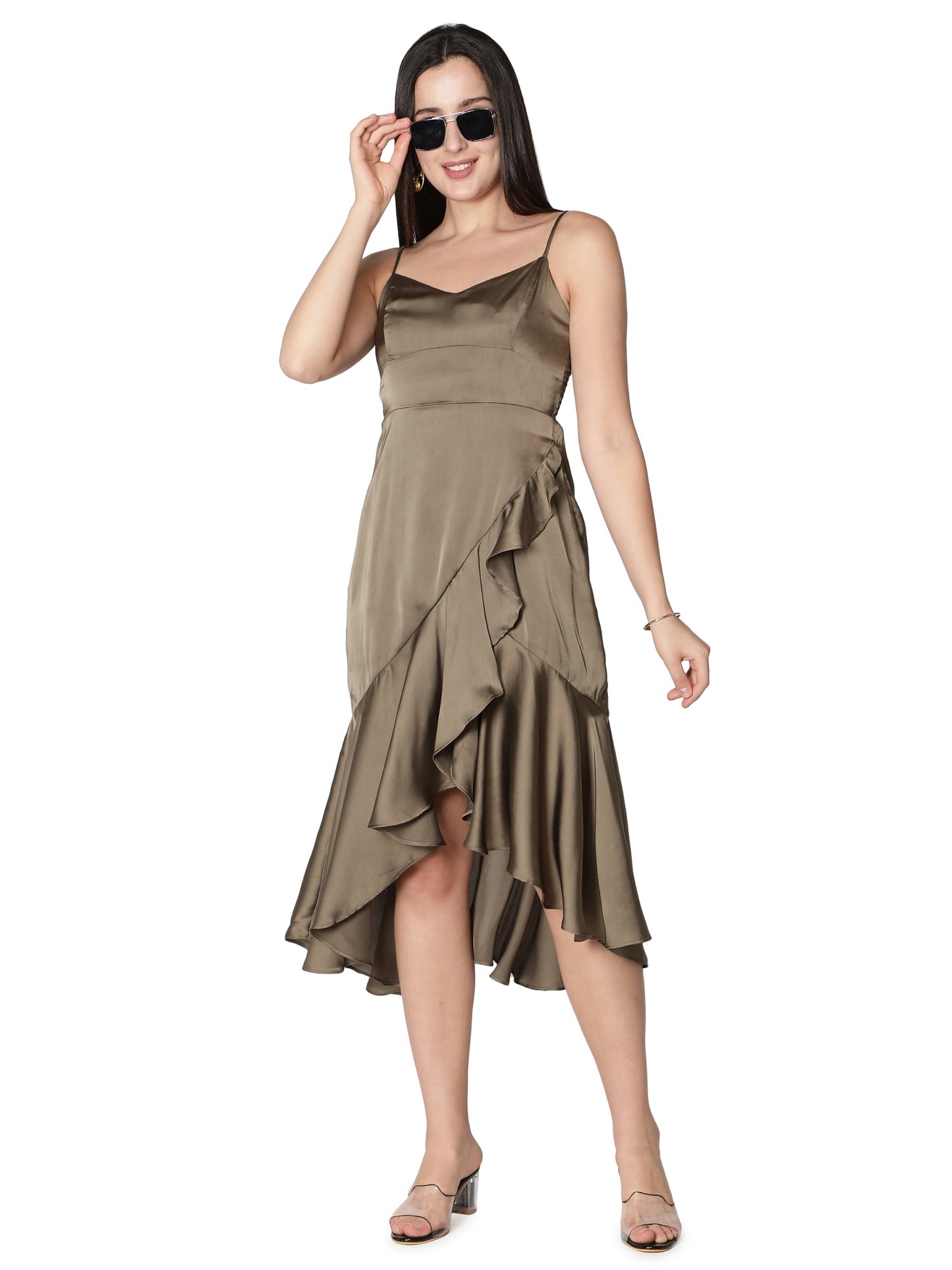 NUEVOSDAMAS Women Satin Lycra Solid Designer Dress | Latest Western Warp Frill Dress for Women