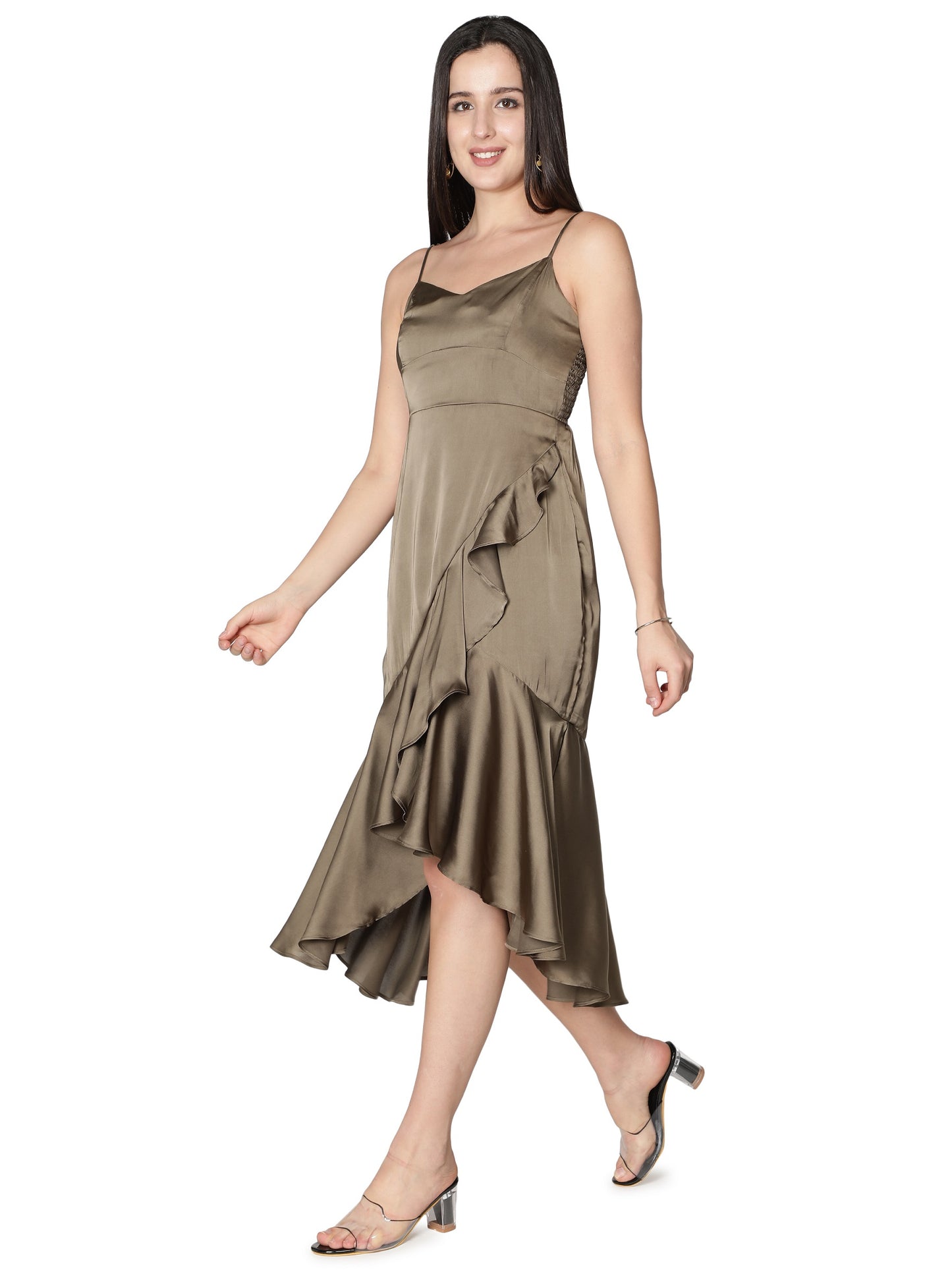 NUEVOSDAMAS Women Satin Lycra Solid Designer Dress | Latest Western Warp Frill Dress for Women
