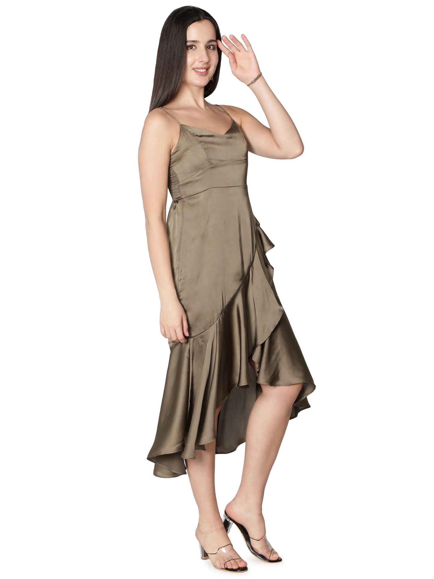 NUEVOSDAMAS Women Satin Lycra Solid Designer Dress | Latest Western Warp Frill Dress for Women