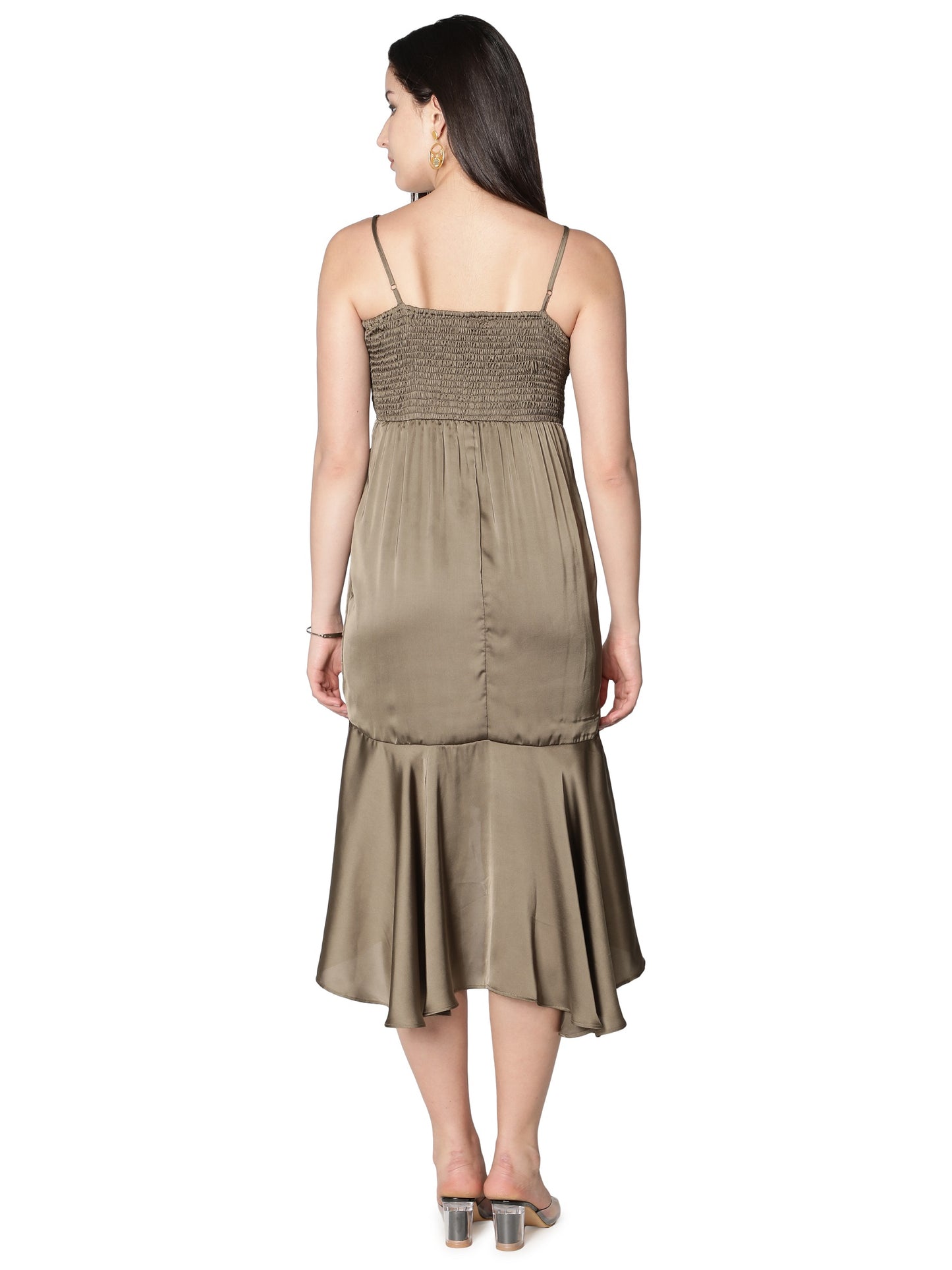 NUEVOSDAMAS Women Satin Lycra Solid Designer Dress | Latest Western Warp Frill Dress for Women