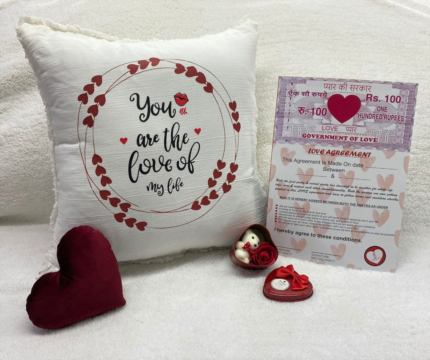 Valentine's Day Printed Cushion Gift Set Combo | Valentine Gift for Boyfriend Girlfriend | Couples Gift for Him/Her_White/Maroon