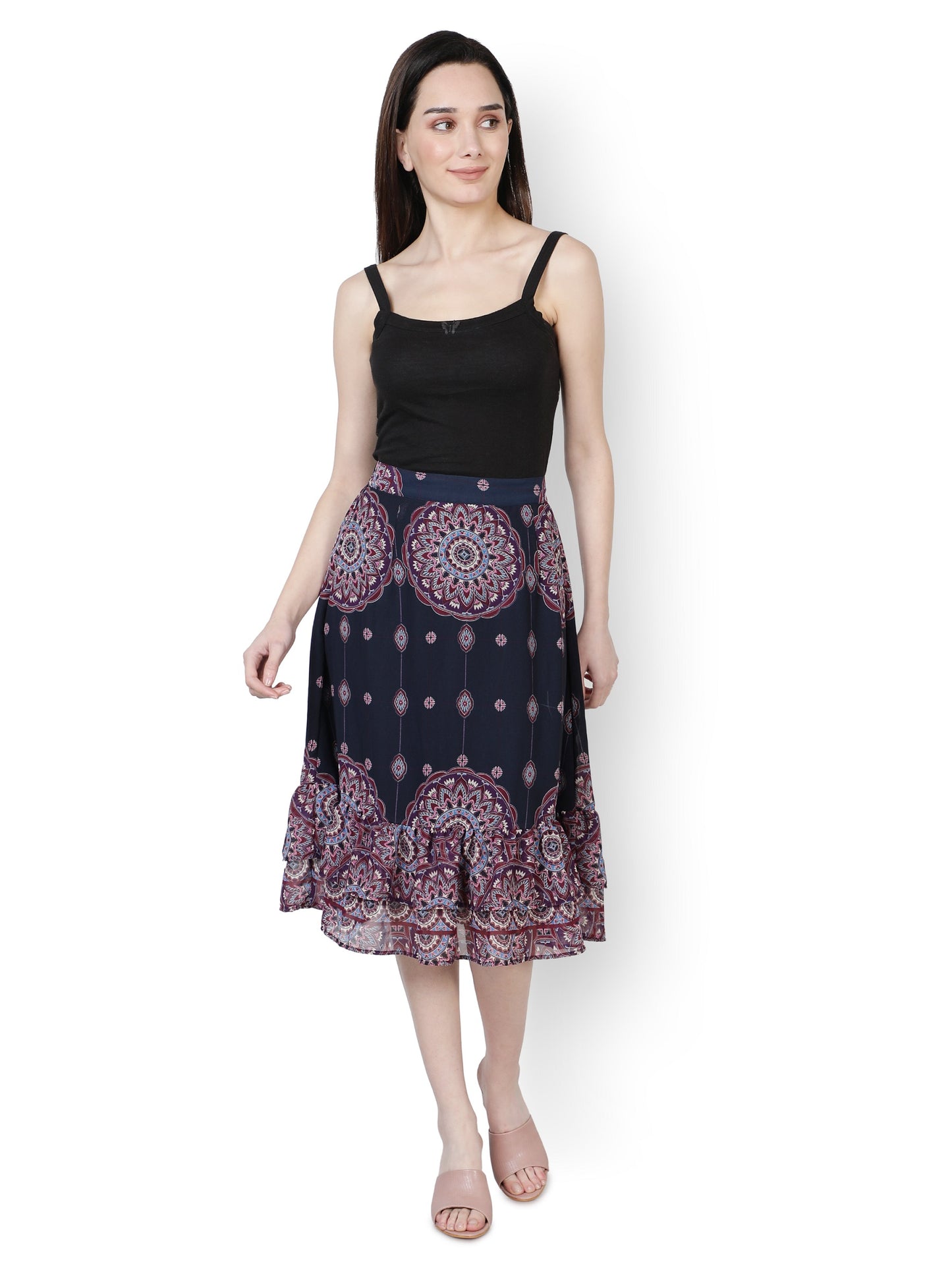 NUEVOSDAMAS Women Western Floral Printed A- Line Skirt | Frill Skirt for Summer | Casual Rayon Knee Length Ruffled Skirt