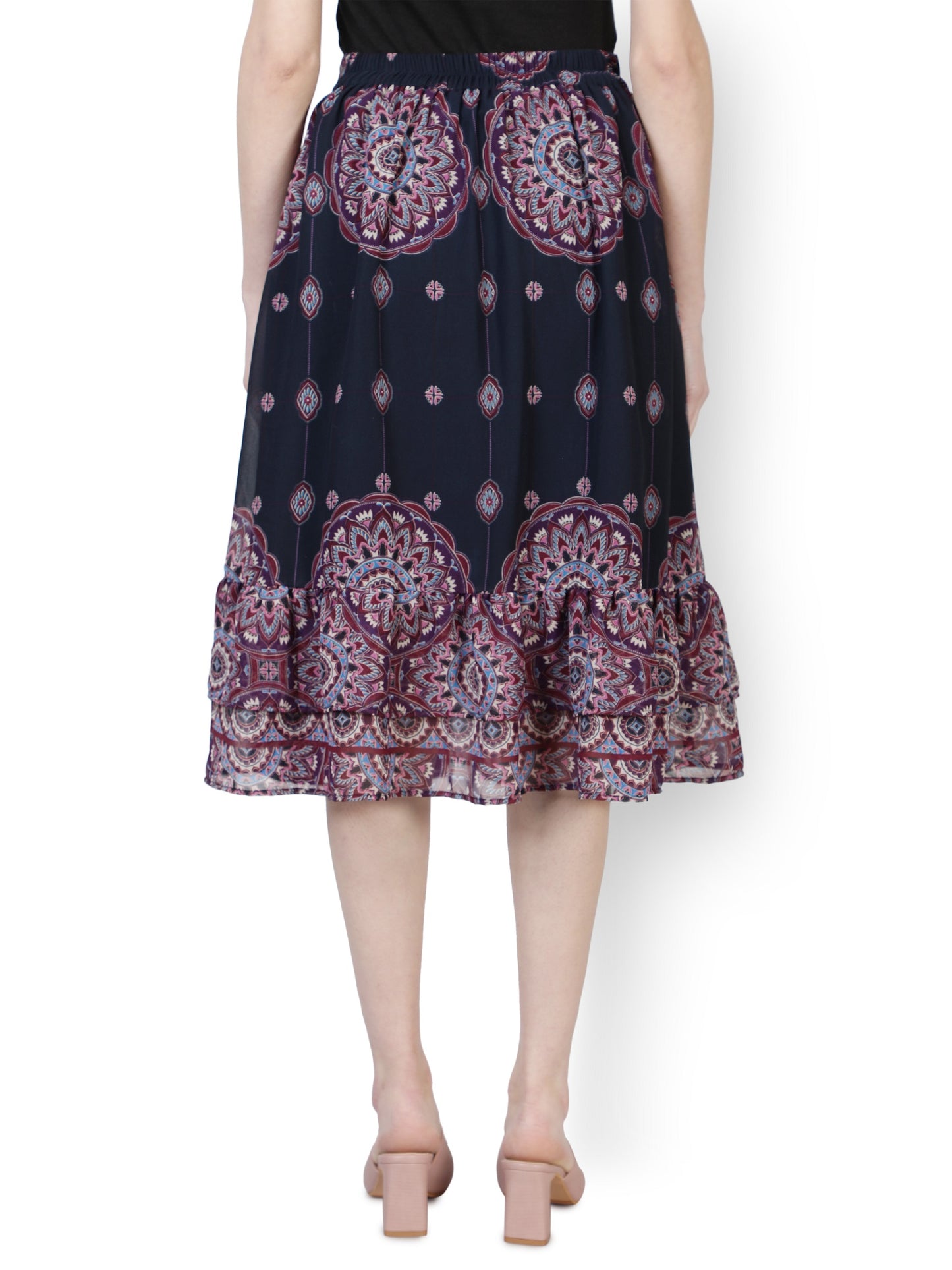 NUEVOSDAMAS Women Western Floral Printed A- Line Skirt | Frill Skirt for Summer | Casual Rayon Knee Length Ruffled Skirt