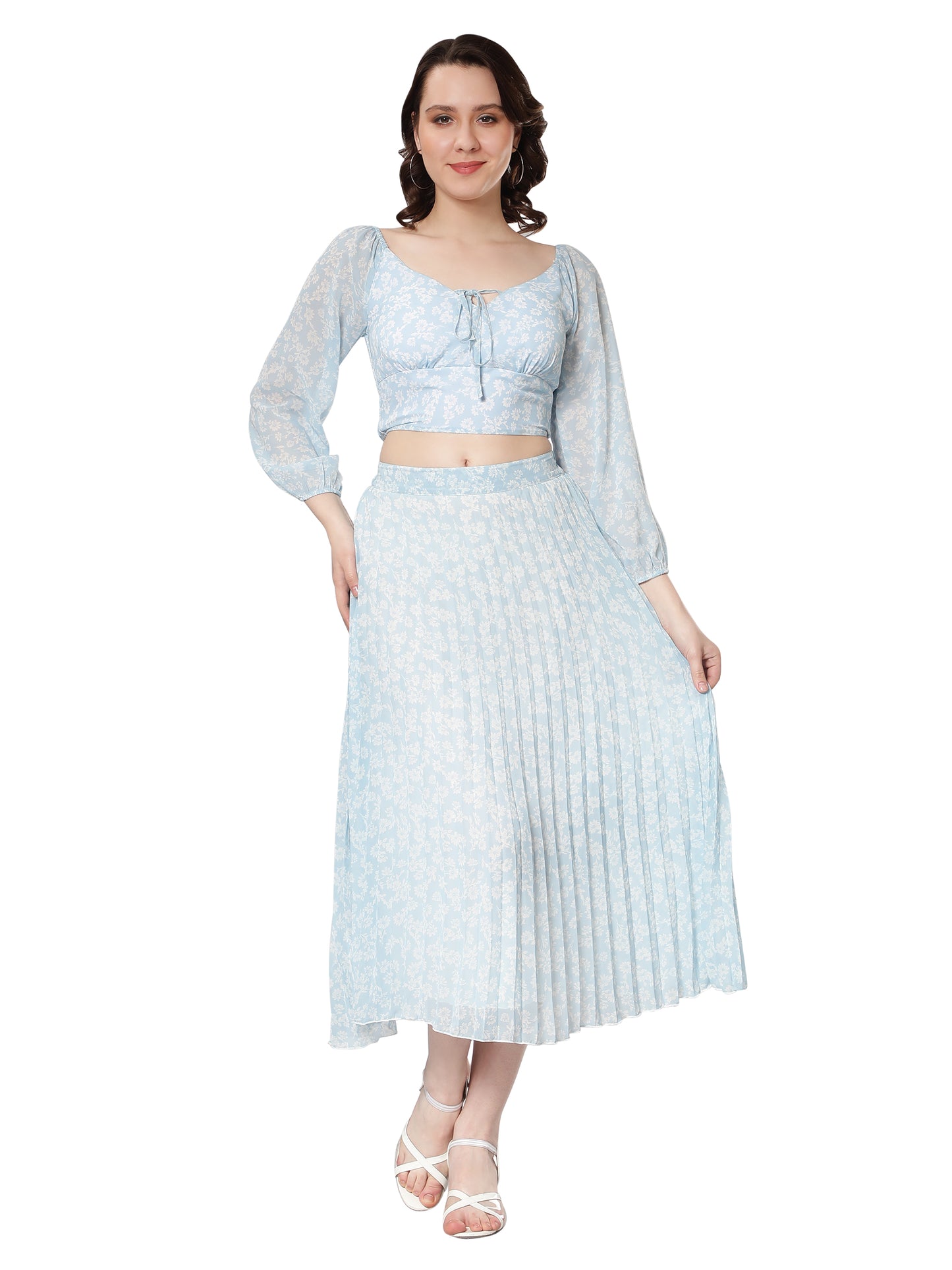 NUEVOSDAMAS Women Georgette Floral Printed Pleated Light Blue Skirt