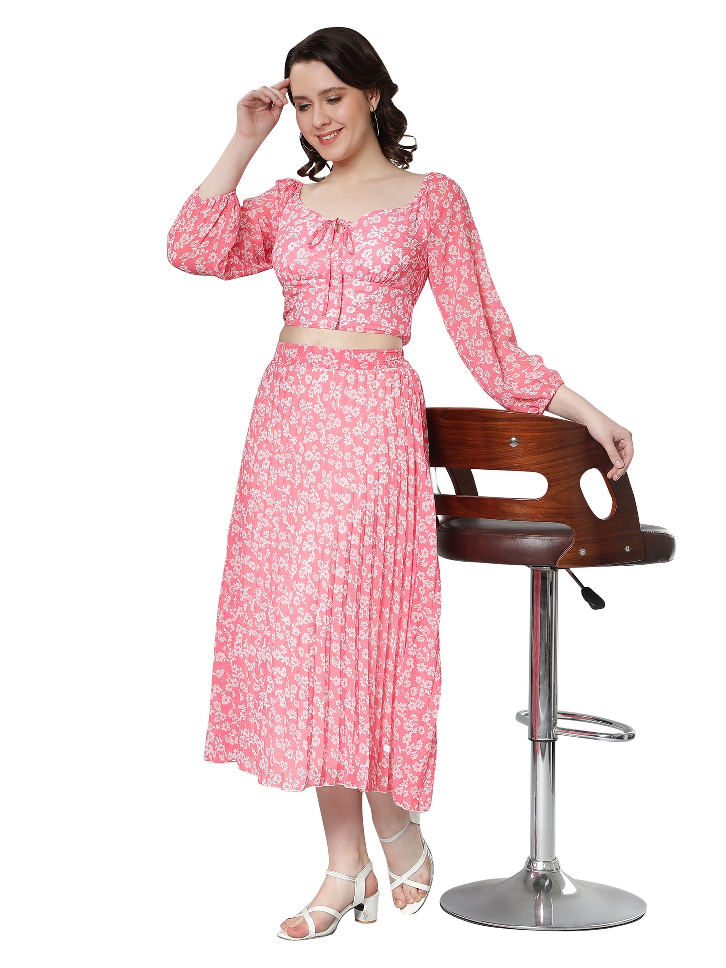 NUEVOSDAMAS Women Georgette Floral Printed Pleated Pink Skirt