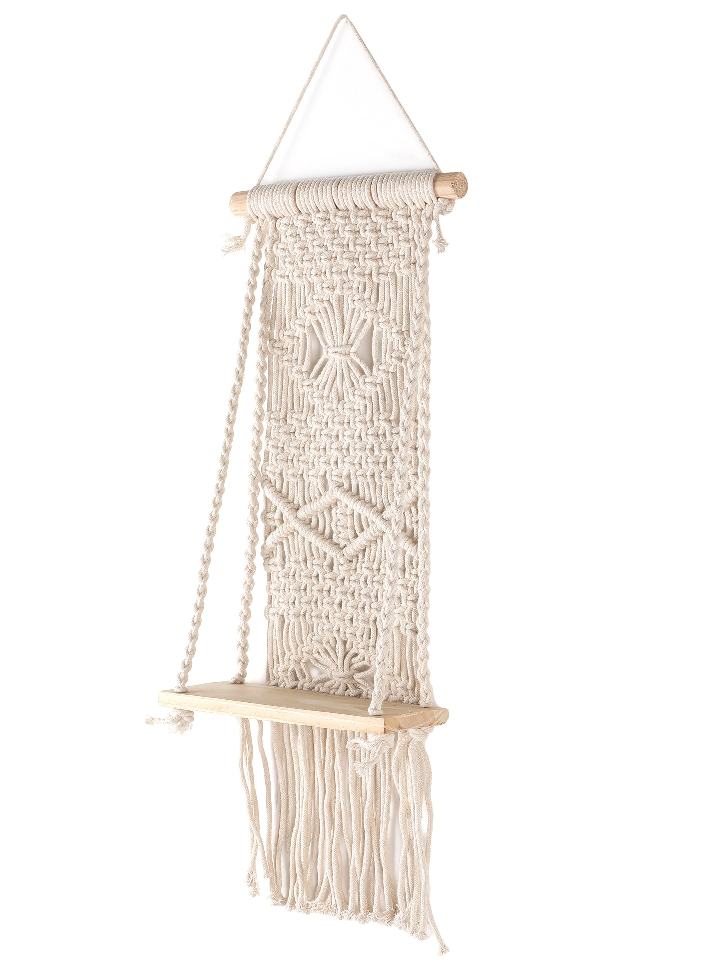 NUEVOSGHAR Macrame Wall Hanging Shelf | Bohemian Hanging Plant Shelves | Handmade Macrame Wall Hanging Decor | Wooden Wall Hanging Shelf_ Ivory