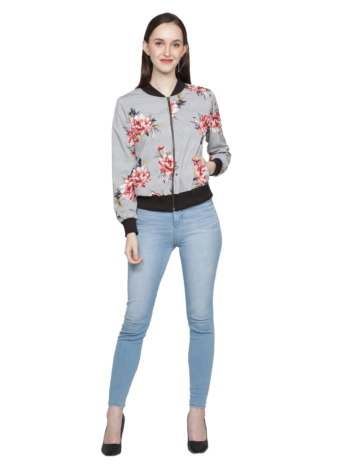 Nuevosdamas Women's Printed Bomber Jacket Grey