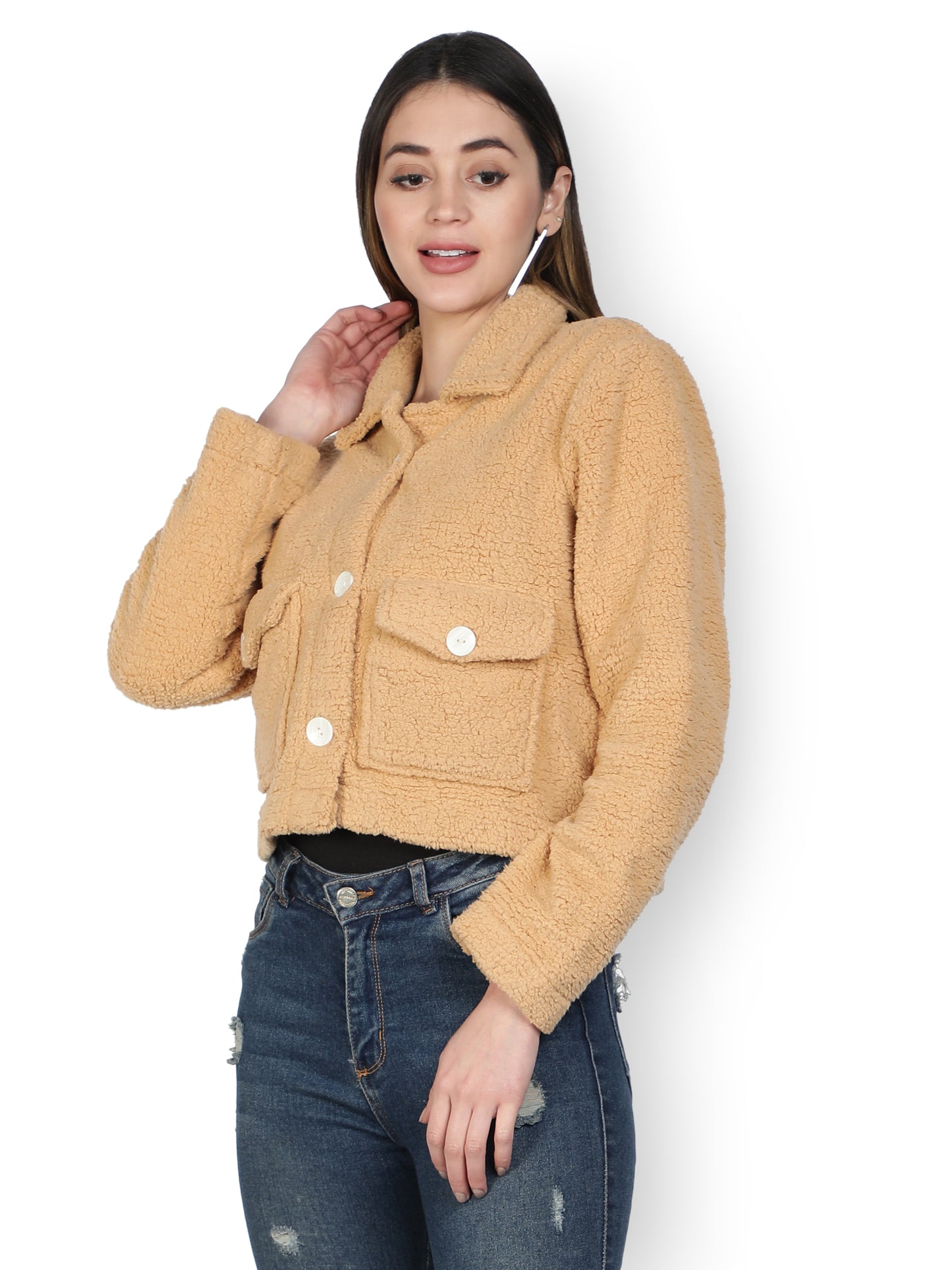 NUEVOSDAMAS WINTER WEAR WOMEN SOLID CAMEL SHERPA/FUR JACKET
