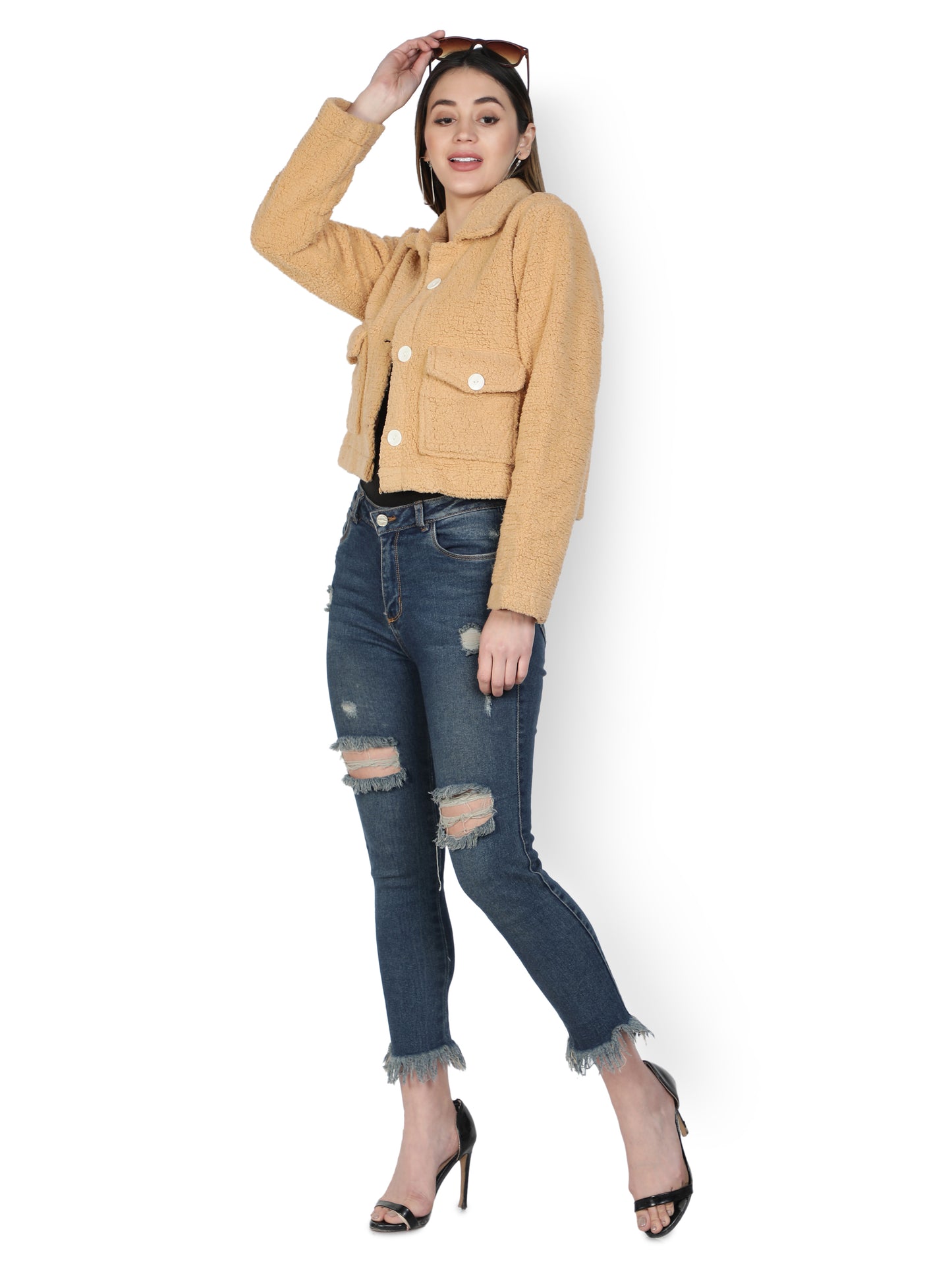 NUEVOSDAMAS WINTER WEAR WOMEN SOLID CAMEL SHERPA/FUR JACKET