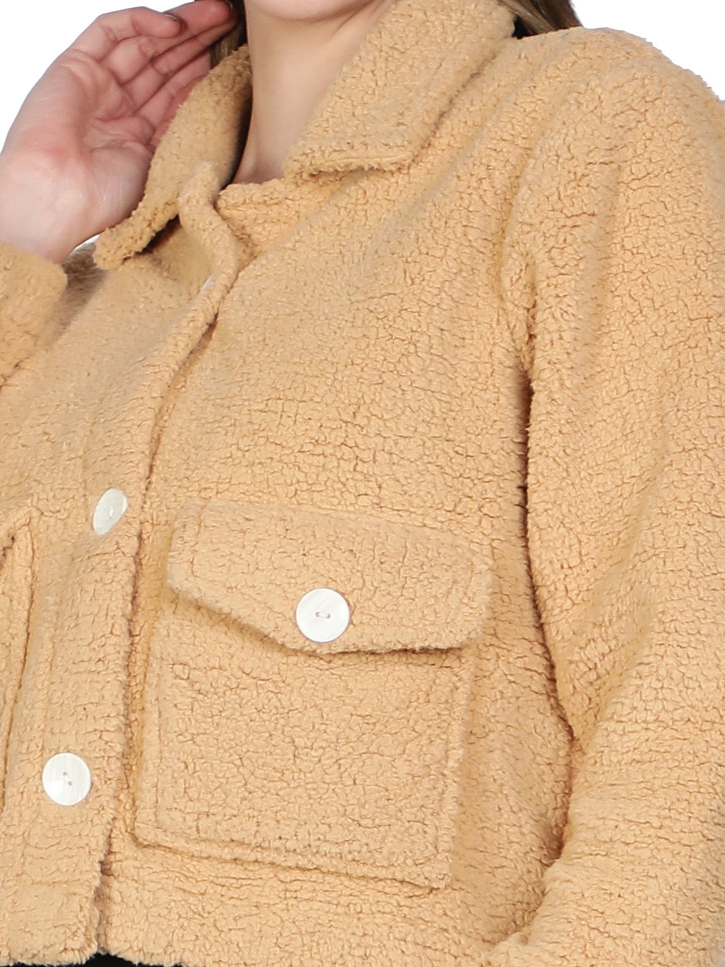 NUEVOSDAMAS WINTER WEAR WOMEN SOLID CAMEL SHERPA/FUR JACKET