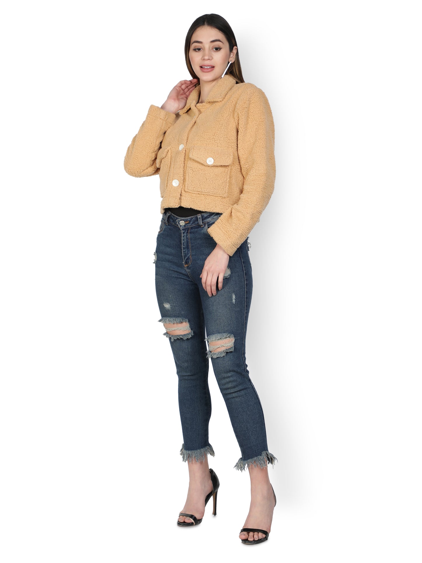 NUEVOSDAMAS WINTER WEAR WOMEN SOLID CAMEL SHERPA/FUR JACKET