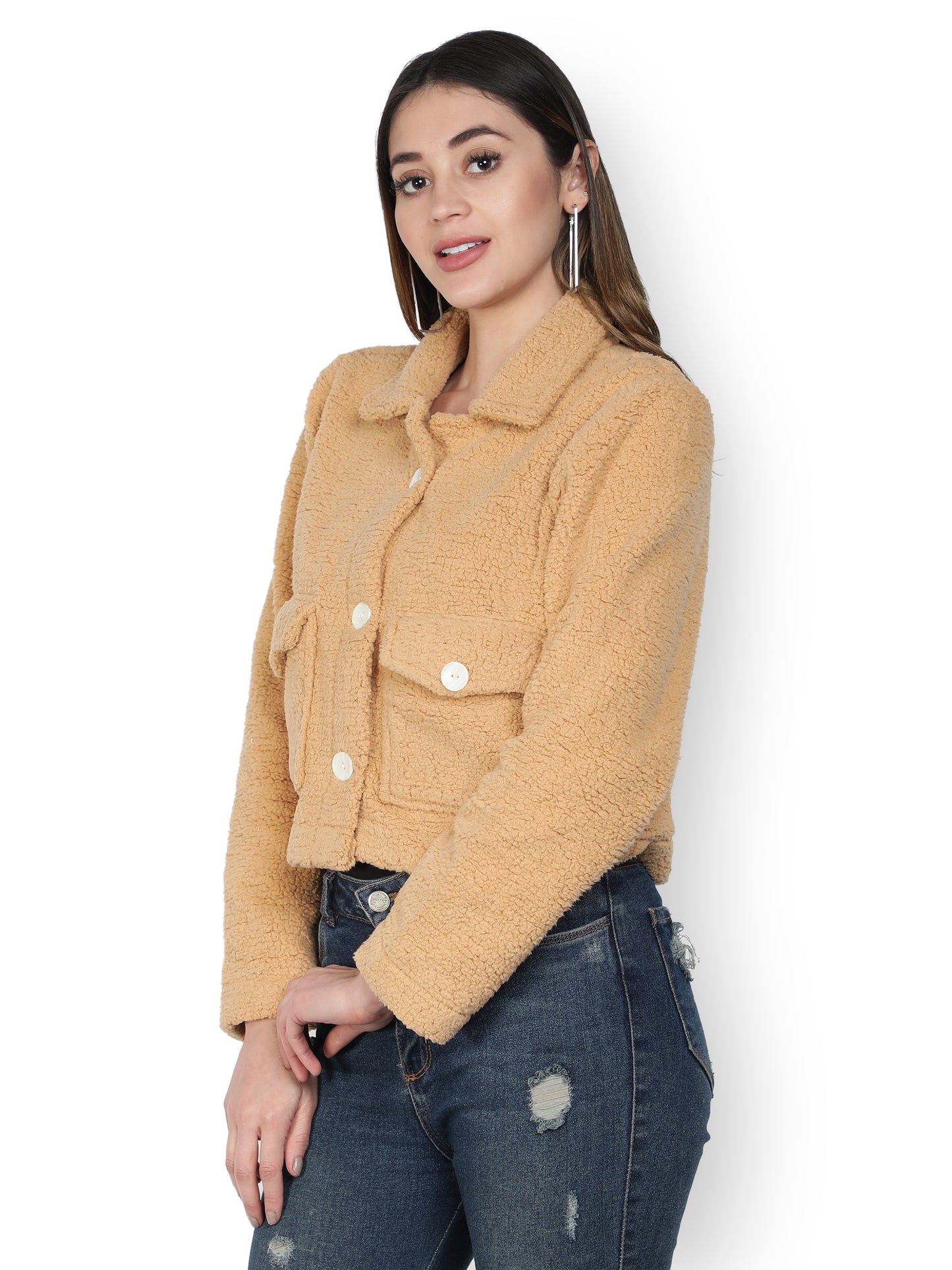 NUEVOSDAMAS WINTER WEAR WOMEN SOLID CAMEL SHERPA/FUR JACKET