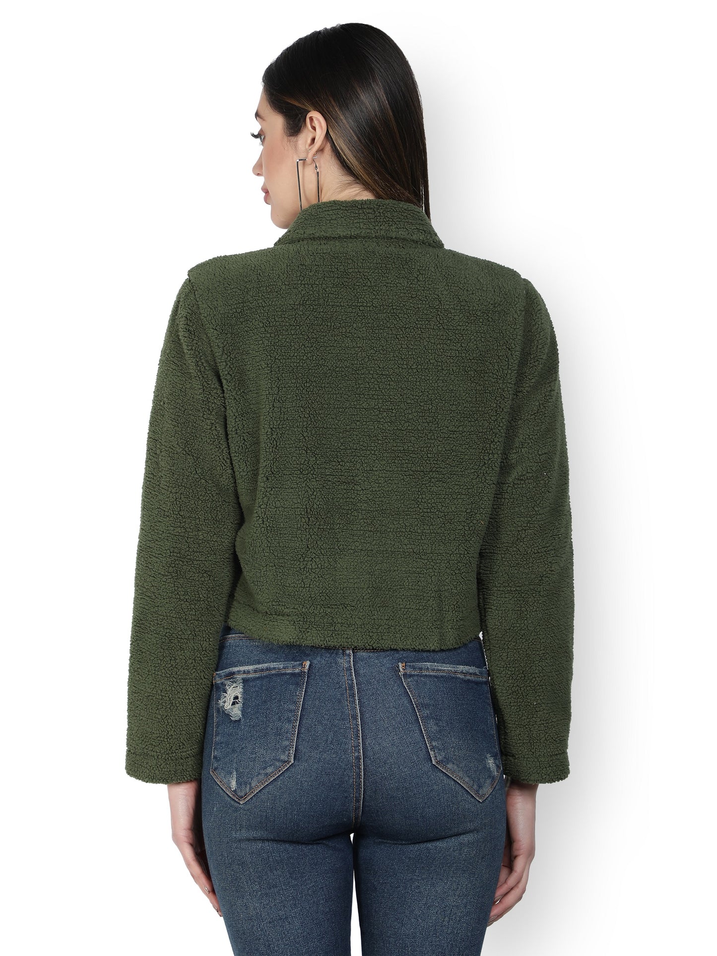 NUEVOSDAMAS WINTER WEAR WOMEN SOLID GREEN SHERPA/FUR JACKET