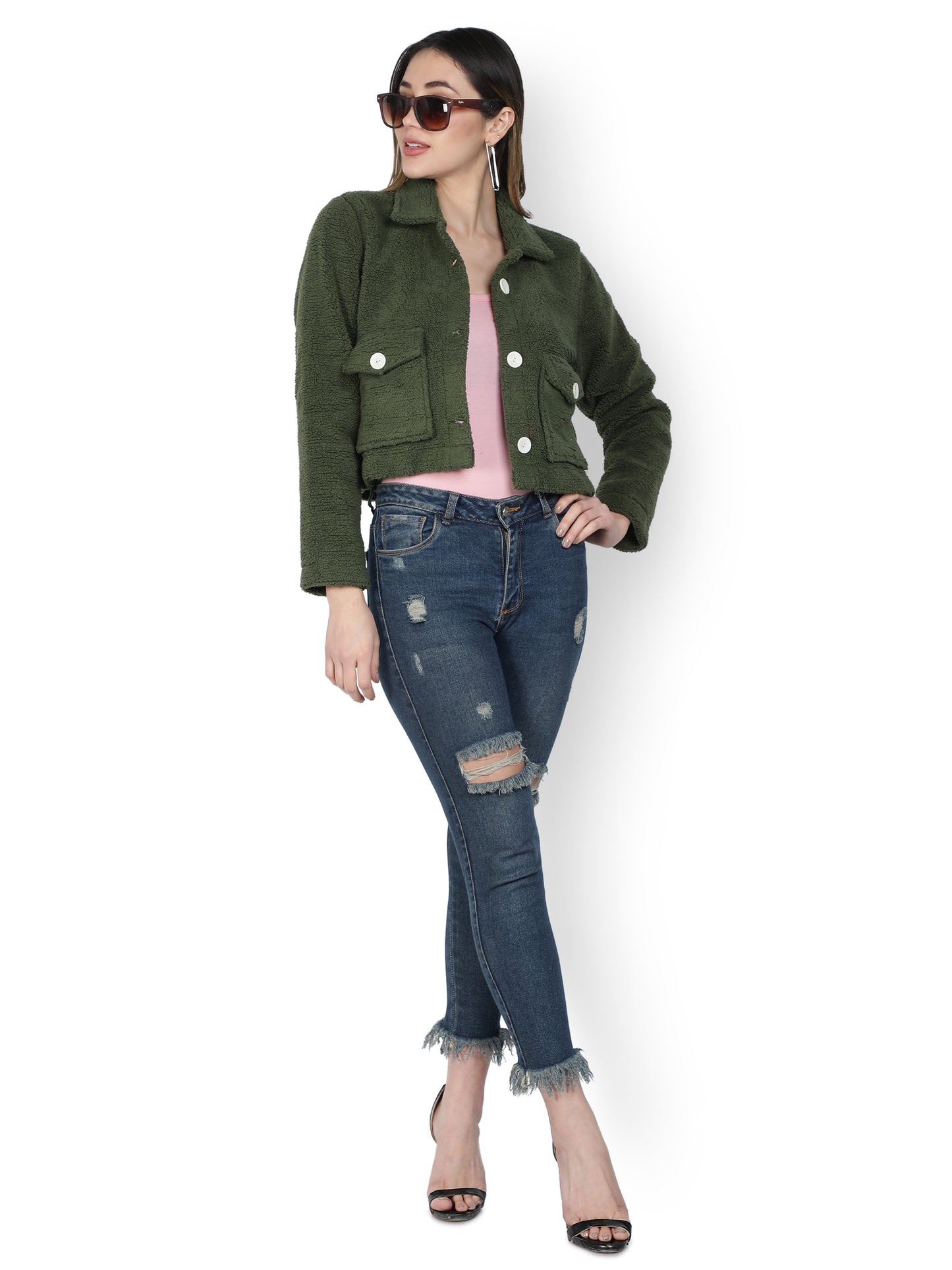 NUEVOSDAMAS WINTER WEAR WOMEN SOLID GREEN SHERPA/FUR JACKET