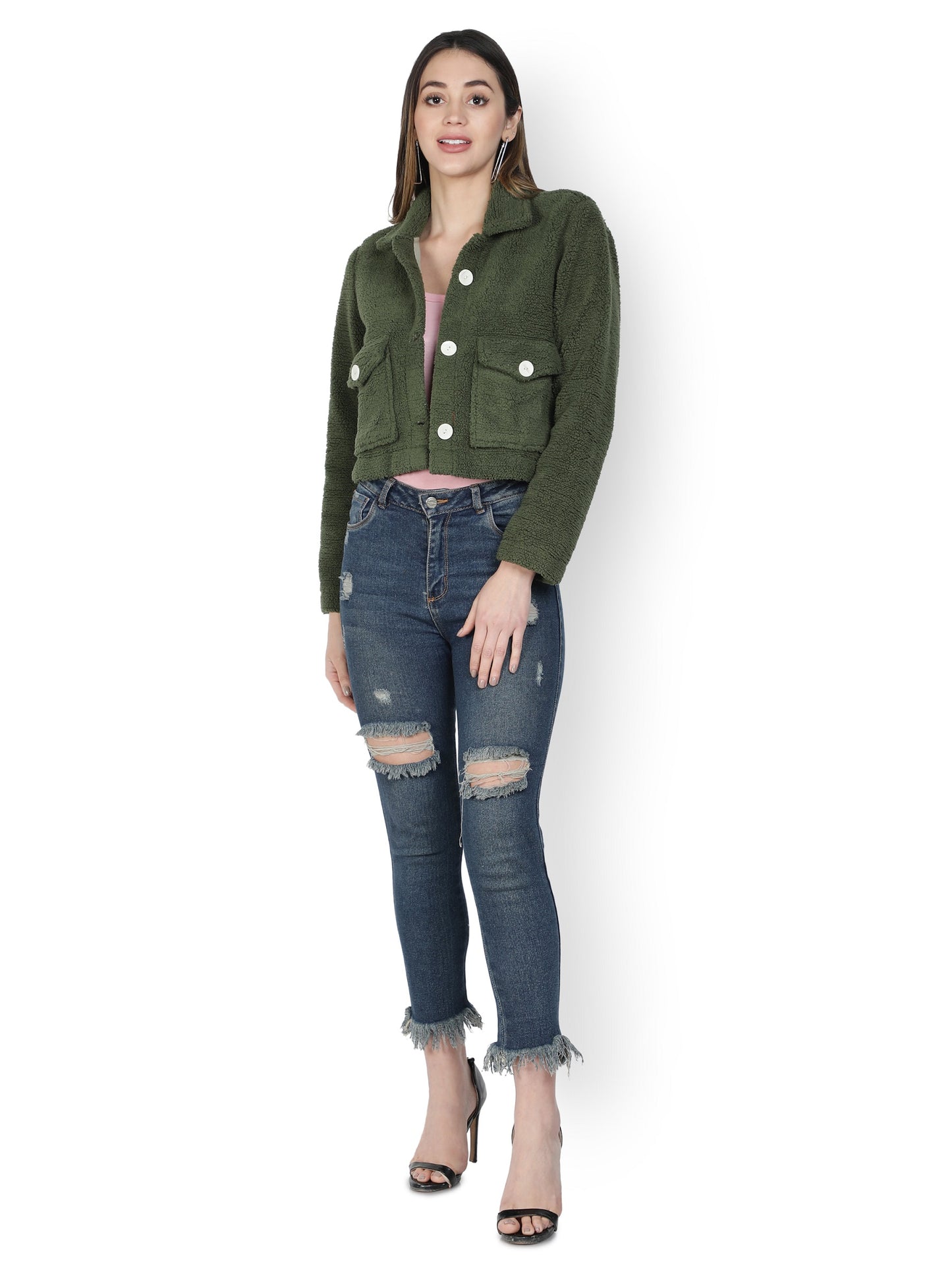 NUEVOSDAMAS WINTER WEAR WOMEN SOLID GREEN SHERPA/FUR JACKET