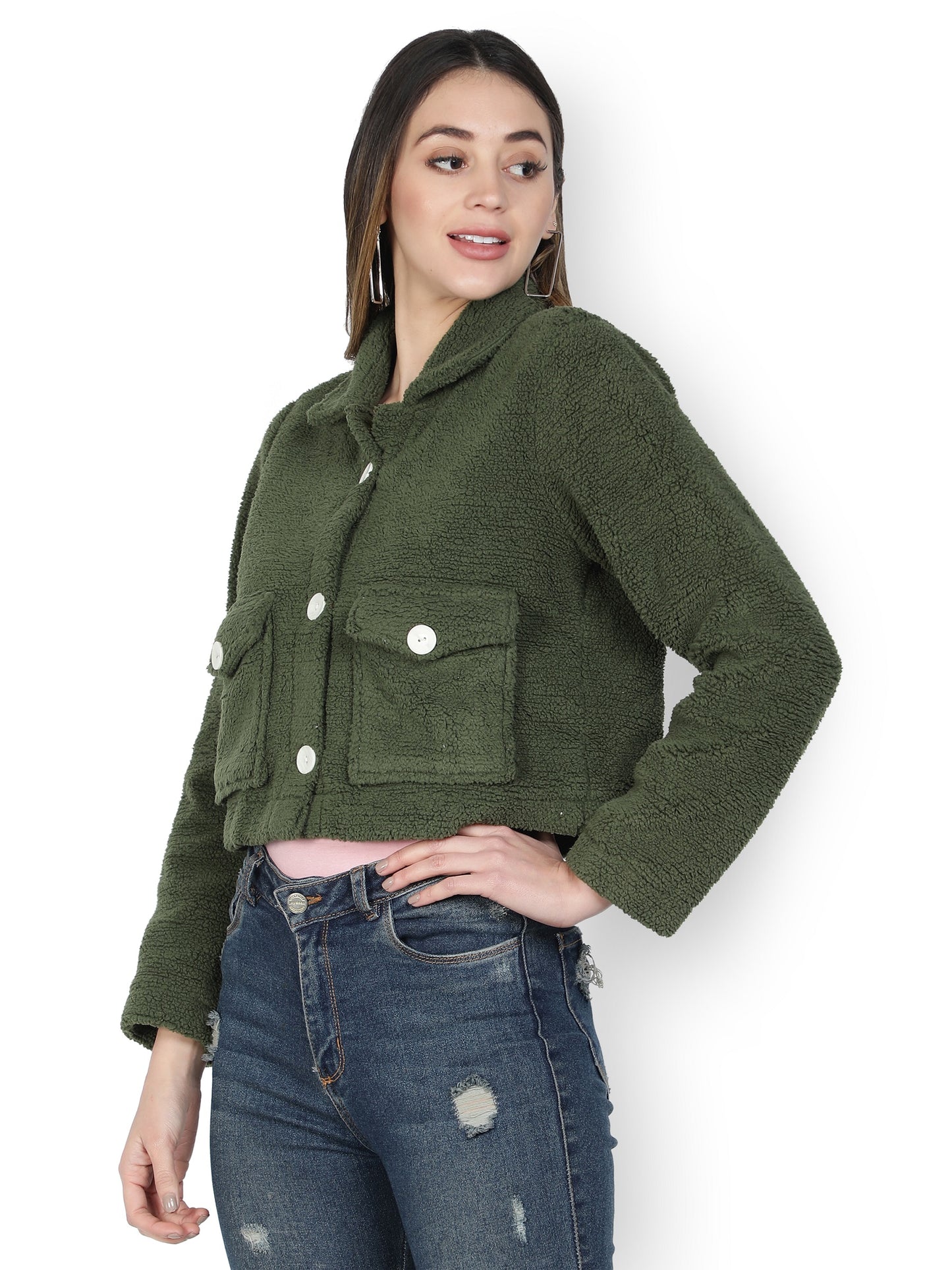 NUEVOSDAMAS WINTER WEAR WOMEN SOLID GREEN SHERPA/FUR JACKET