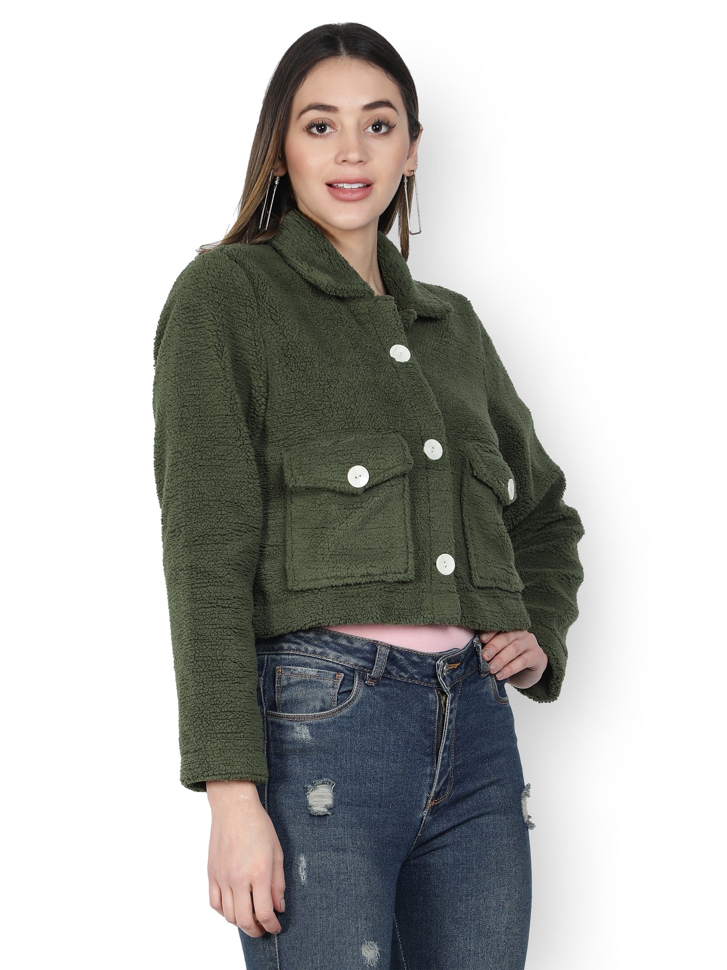 NUEVOSDAMAS WINTER WEAR WOMEN SOLID GREEN SHERPA/FUR JACKET