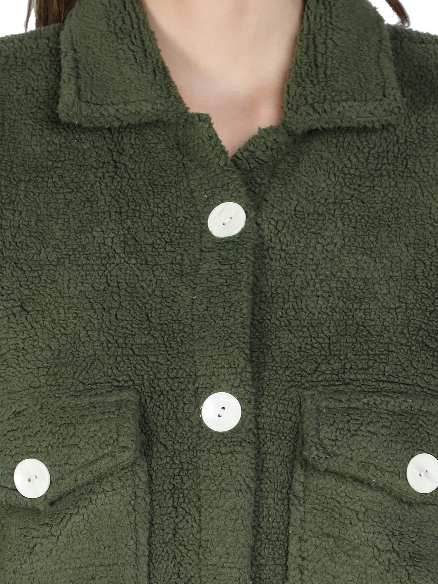NUEVOSDAMAS WINTER WEAR WOMEN SOLID GREEN SHERPA/FUR JACKET