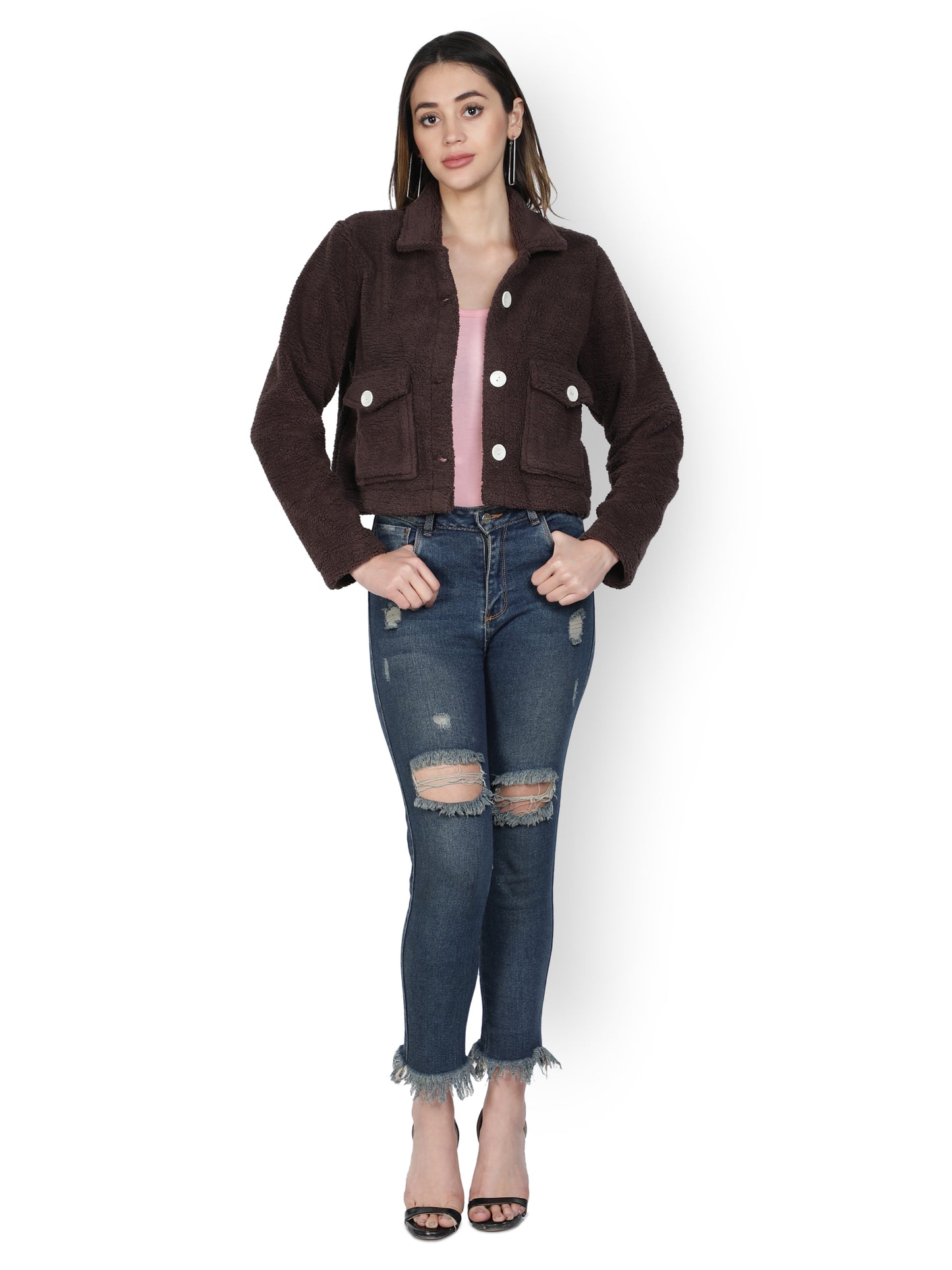 NUEVOSDAMAS WINTER WEAR WOMEN SOLID BROWN SHERPA/FUR JACKET