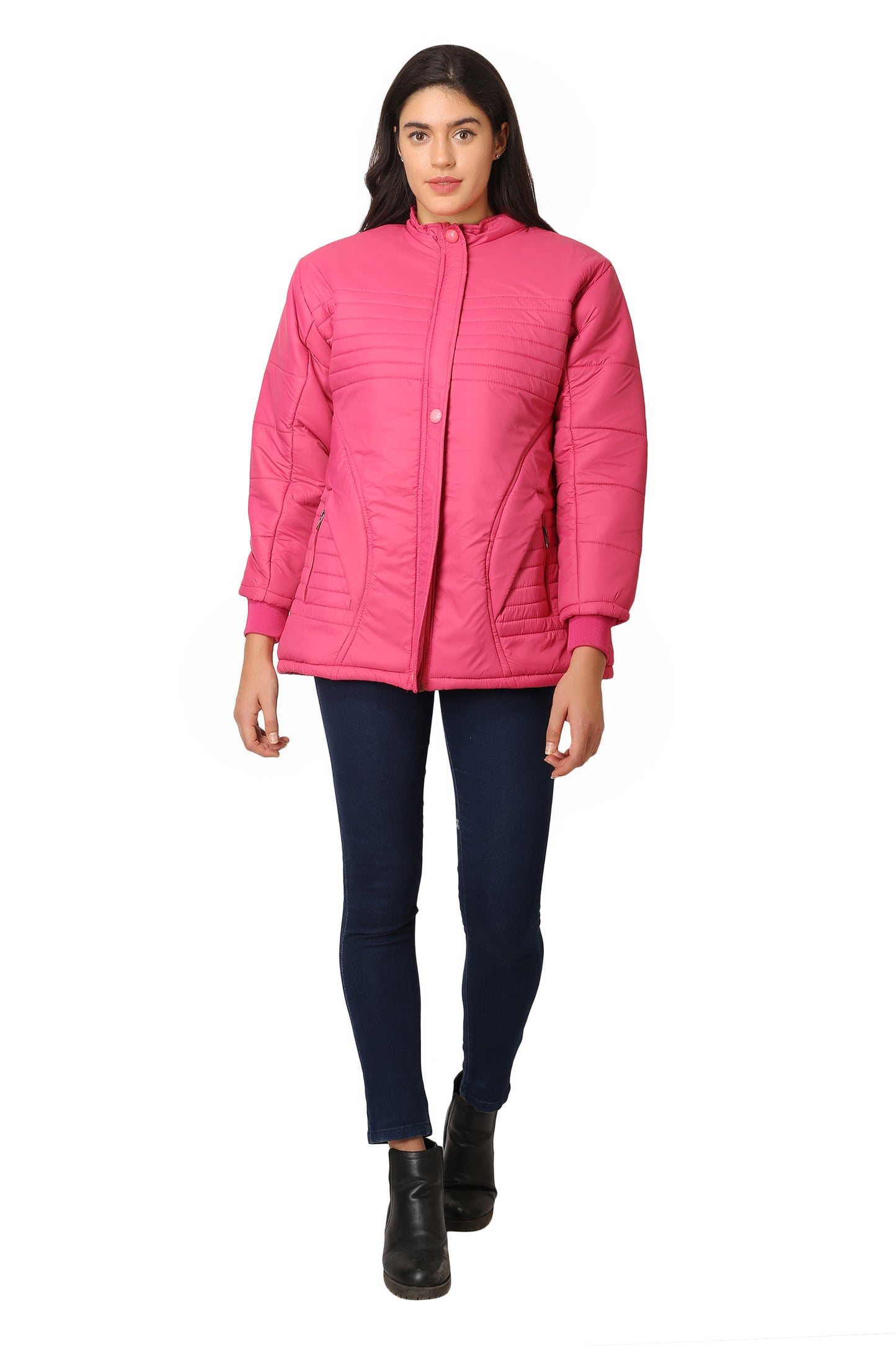NUEVOSDAMAS Women Solid Pink Full Sleeve Puffer Jacket With Detachable Hood