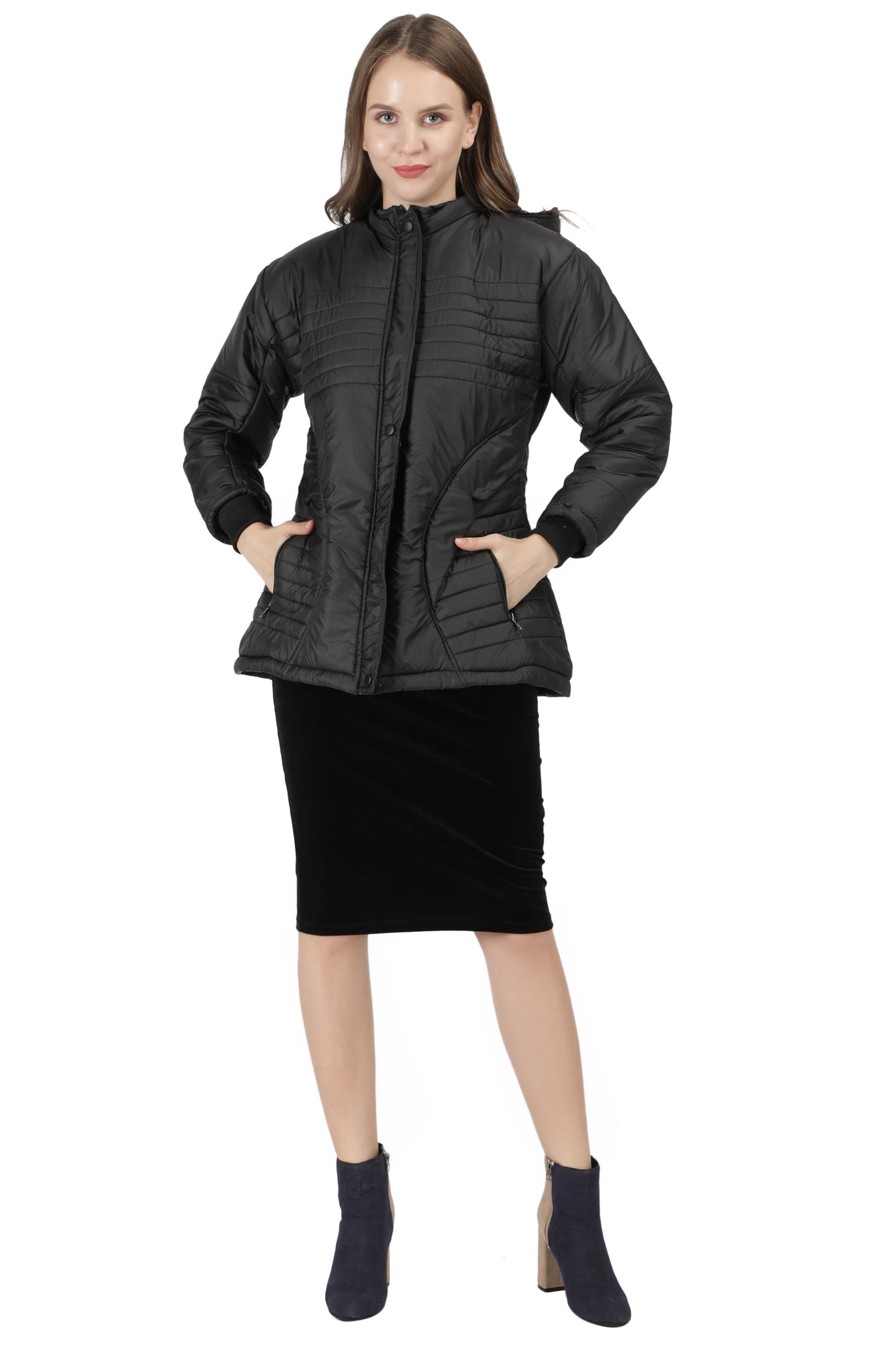 NUEVOSDAMAS Women Solid Black Full Sleeve Puffer Jacket With Detachable Hood