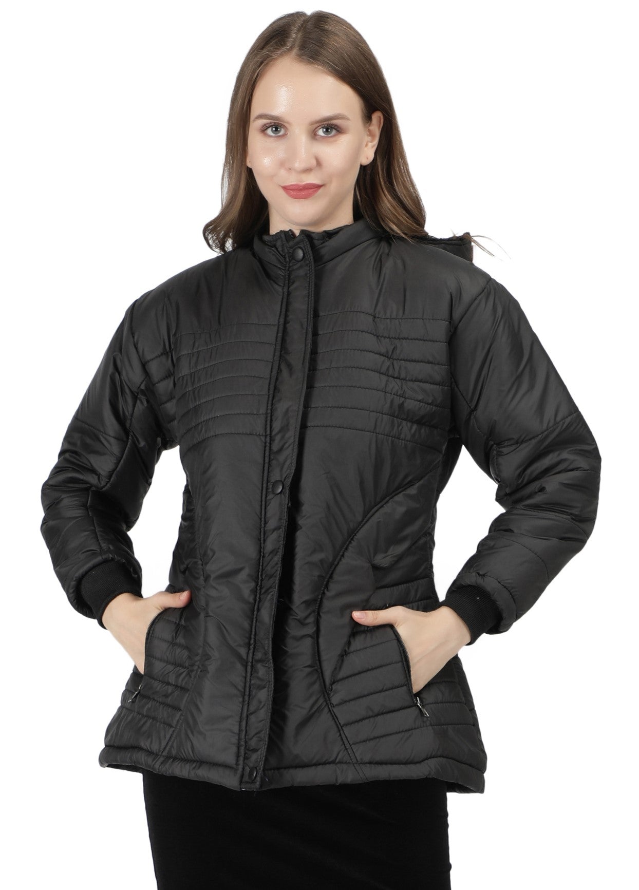 NUEVOSDAMAS Women Solid Black Full Sleeve Puffer Jacket With Detachable Hood